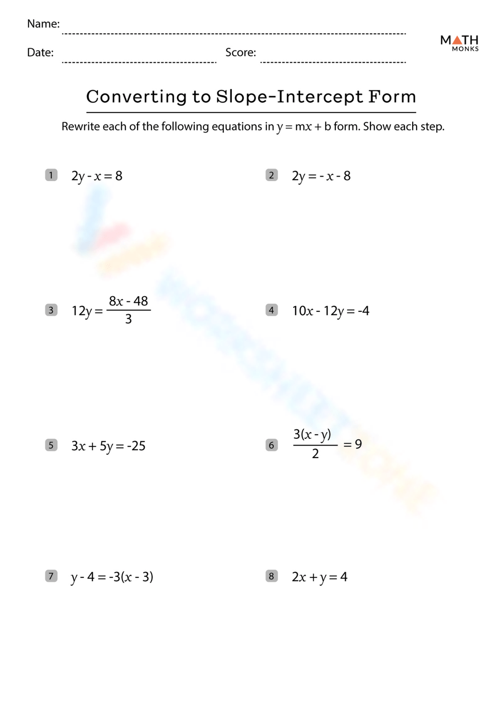 Printable Slope Intercept Form Worksheets Download