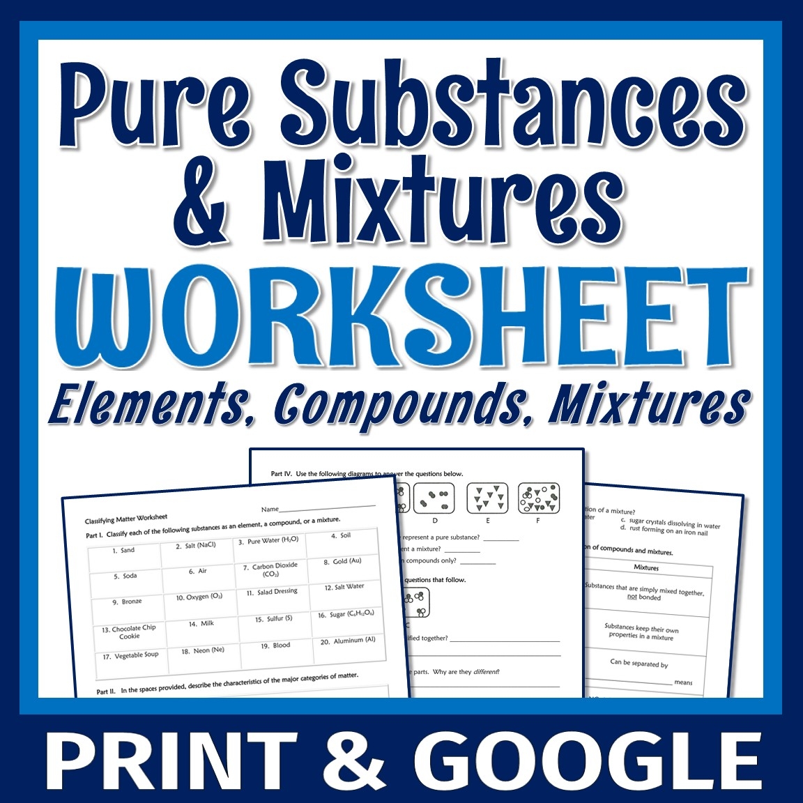 elements compounds and mixtures worksheet