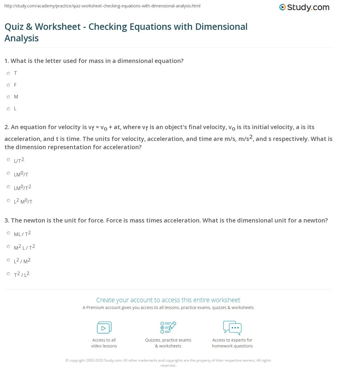 Quiz U0026 Worksheet Checking Equations With Dimensional Analysis Study