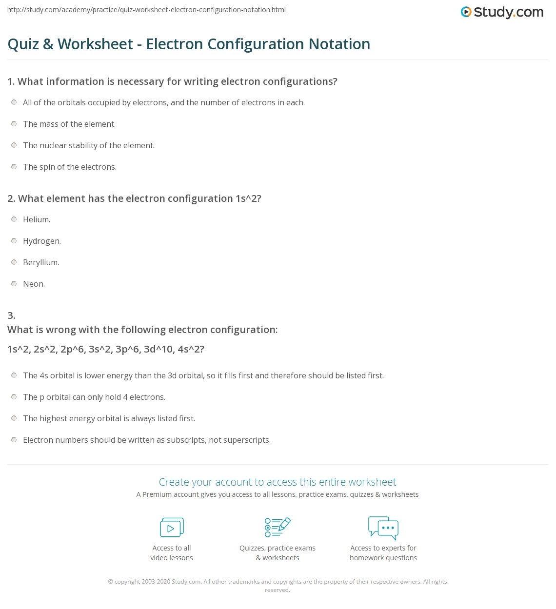 electron configuration worksheet