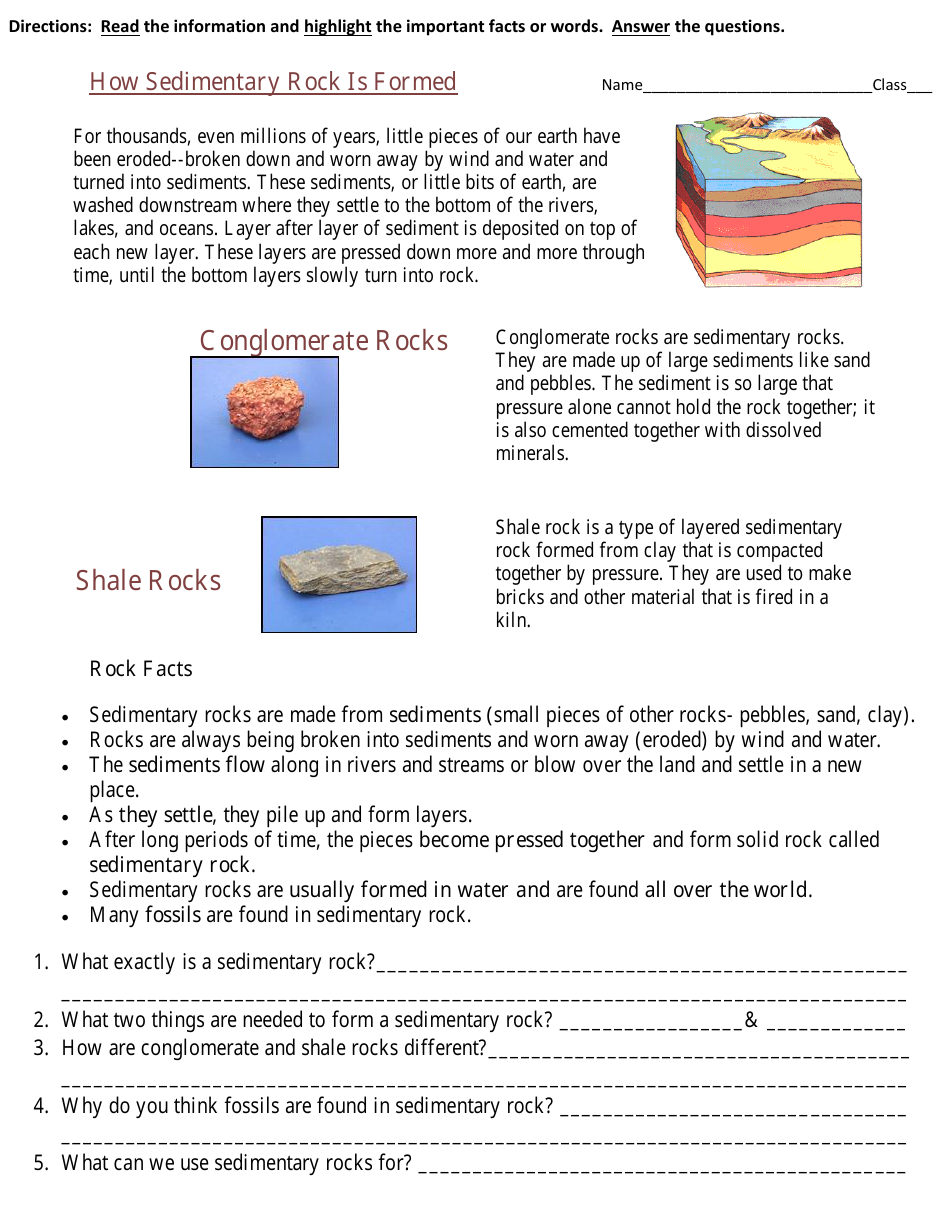 Sedimentary Rock Formation Geology Worksheet Download Printable 