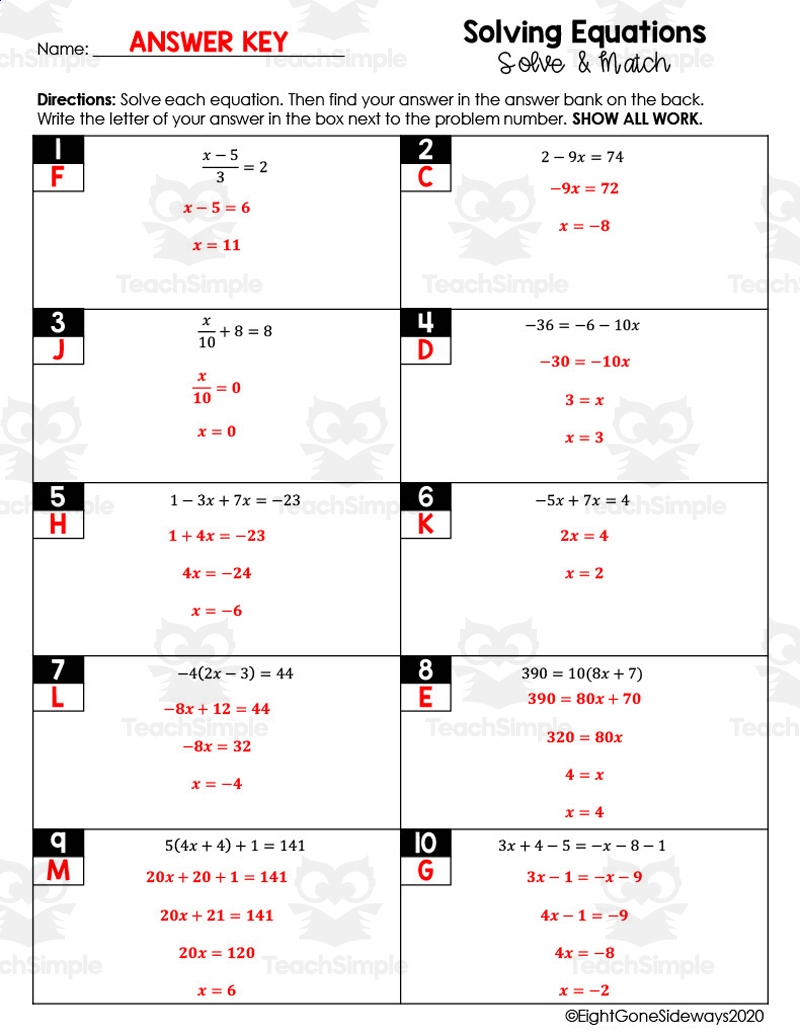 Solving Great Linear Equations Solve Match Worksheet
