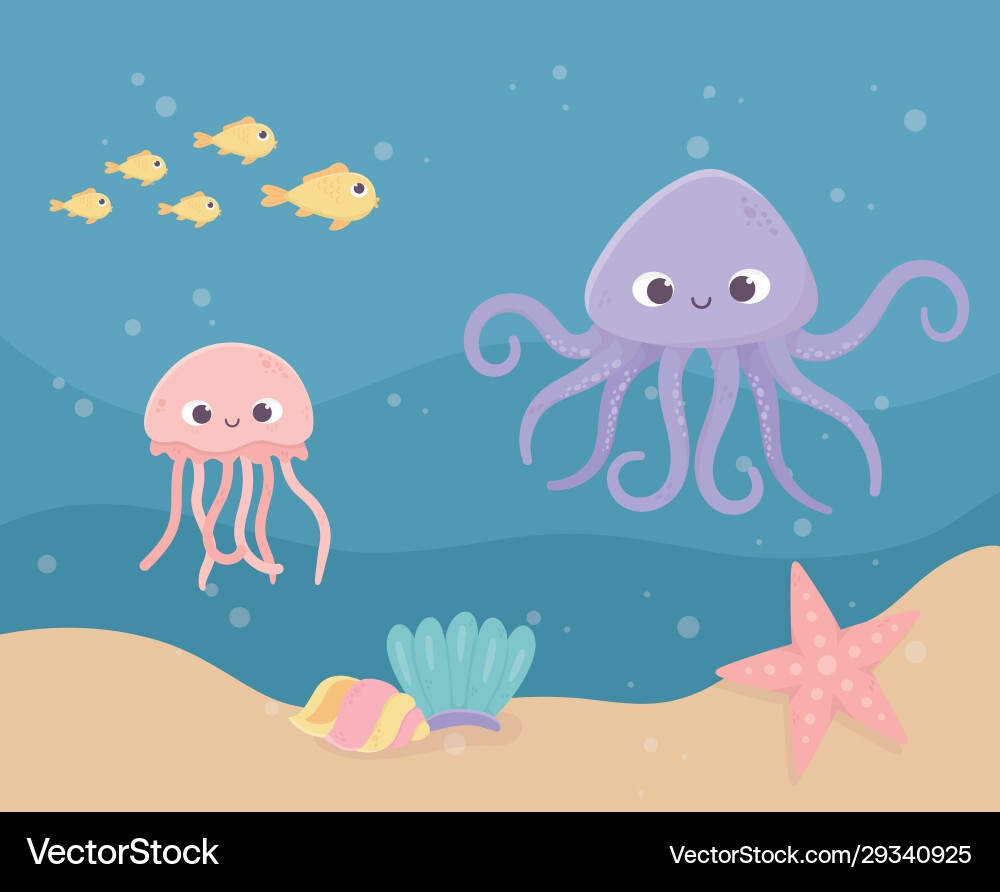 Starfish Octopus Jellyfish Fish Sand Bubbles Life Vector Image