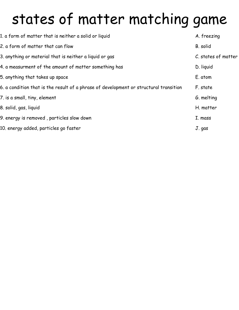 States Of Matter Matching Game Worksheet WordMint
