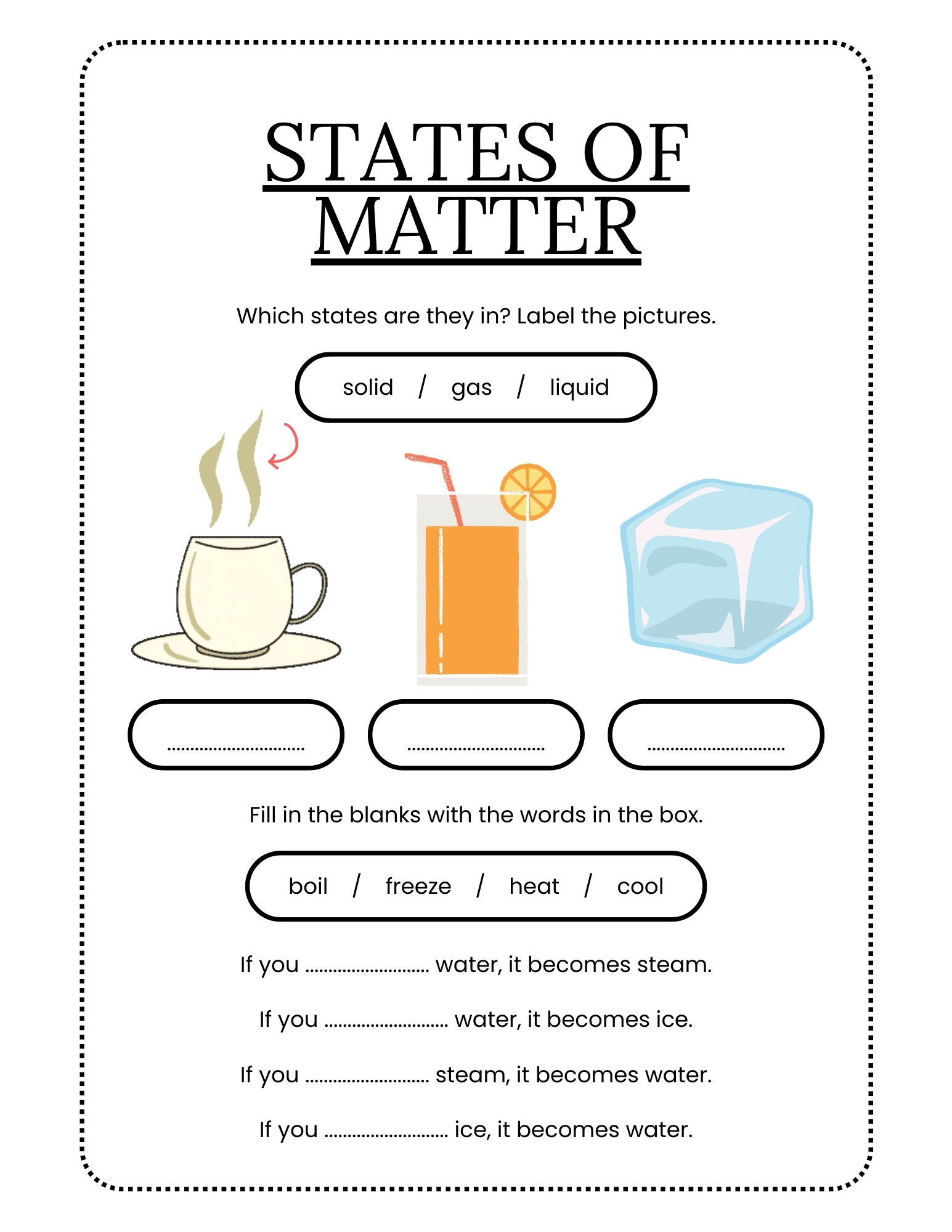 States Of Matter Worksheet For Science Class Elementary Level Science Worksheet