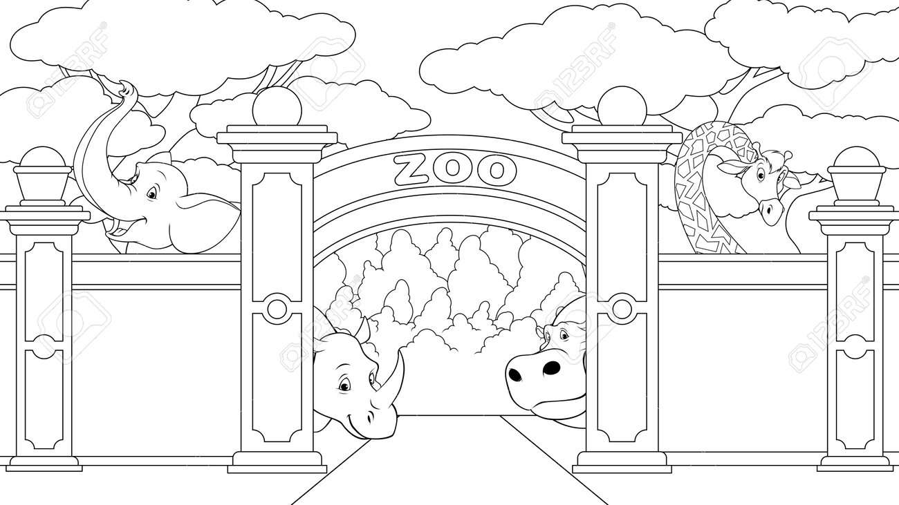Vector Illustration Zoo Entrance With Animals Book Coloring Royalty Free SVG Cliparts Vectors And Stock Illustration Image 210863770 