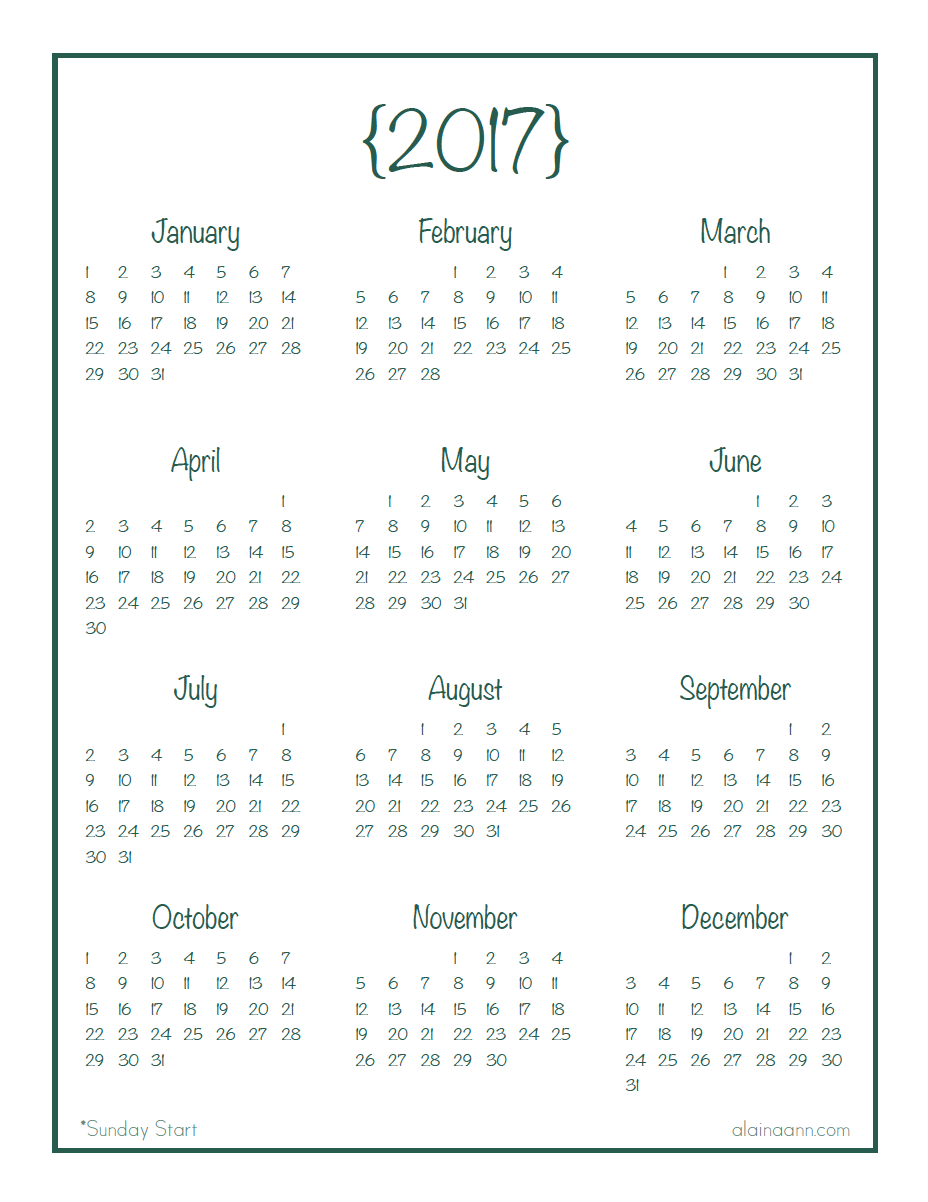 2017 Year at a Glance Calendar Printable Alaina Ann 2017 Year at a Glance Calendar Printable Alaina Ann