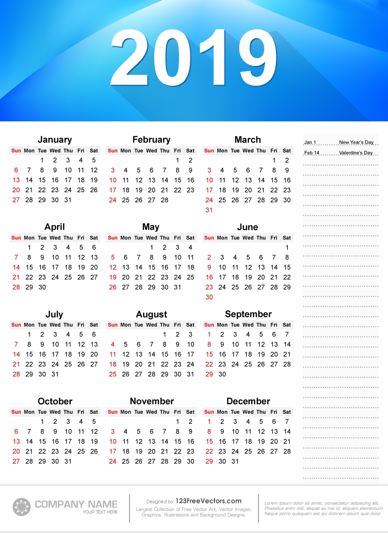 2019 yearly calendar free printable 2019 yearly calendar free printable
