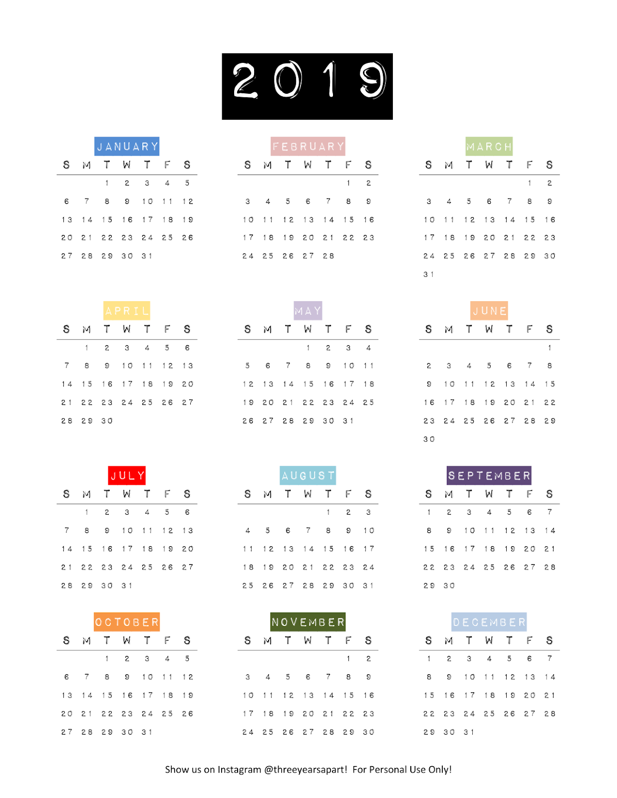 2019 free printable calendar