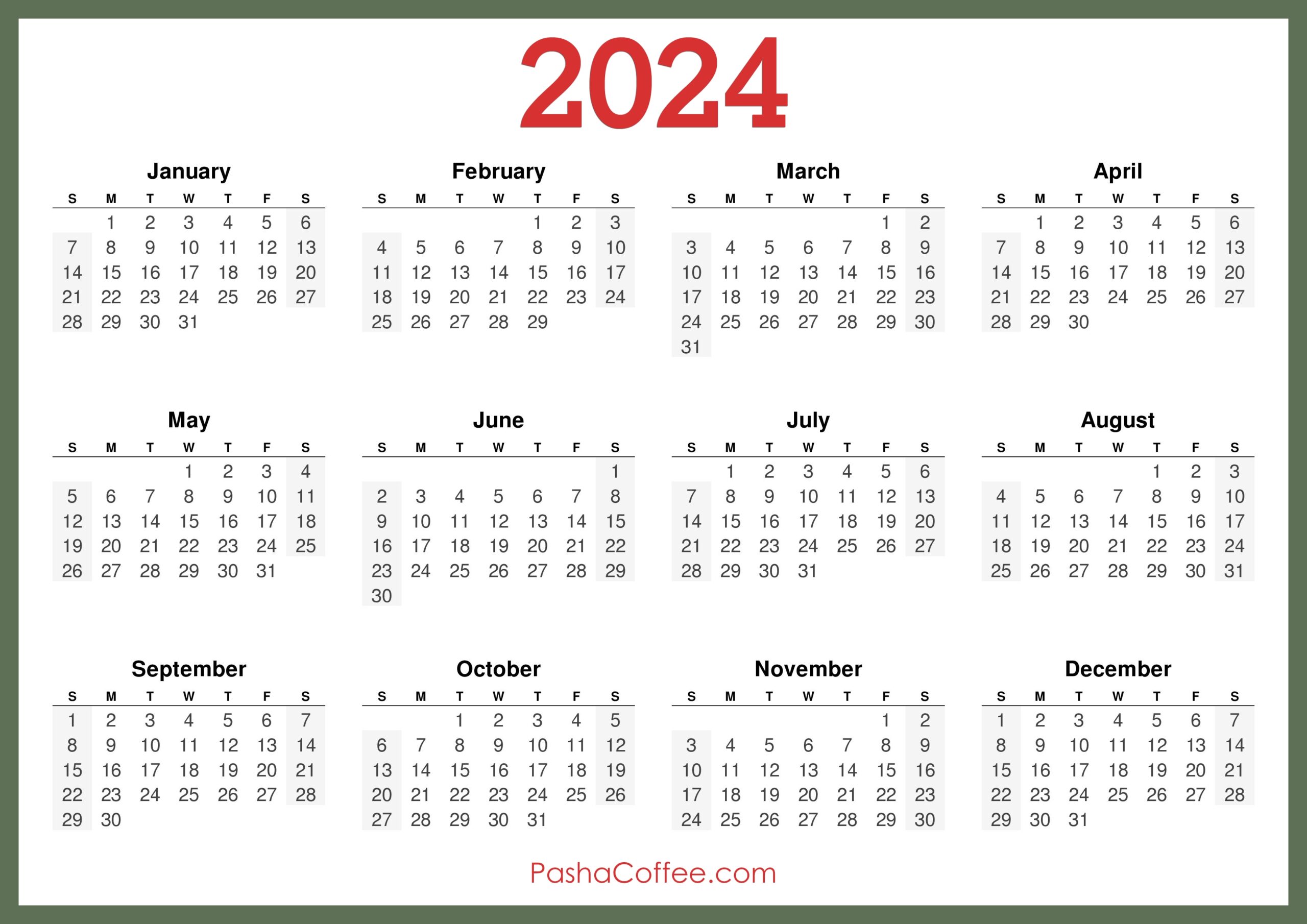 2024 Calendar Printable Free Horizontal Green PashaCoffee 2024 Calendar Printable Free Horizontal Green PashaCoffee