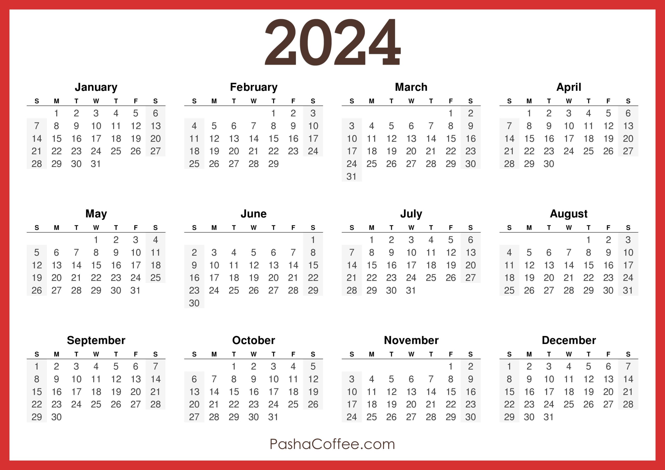 2024 Calendar Printable Free Horizontal Red PashaCoffee