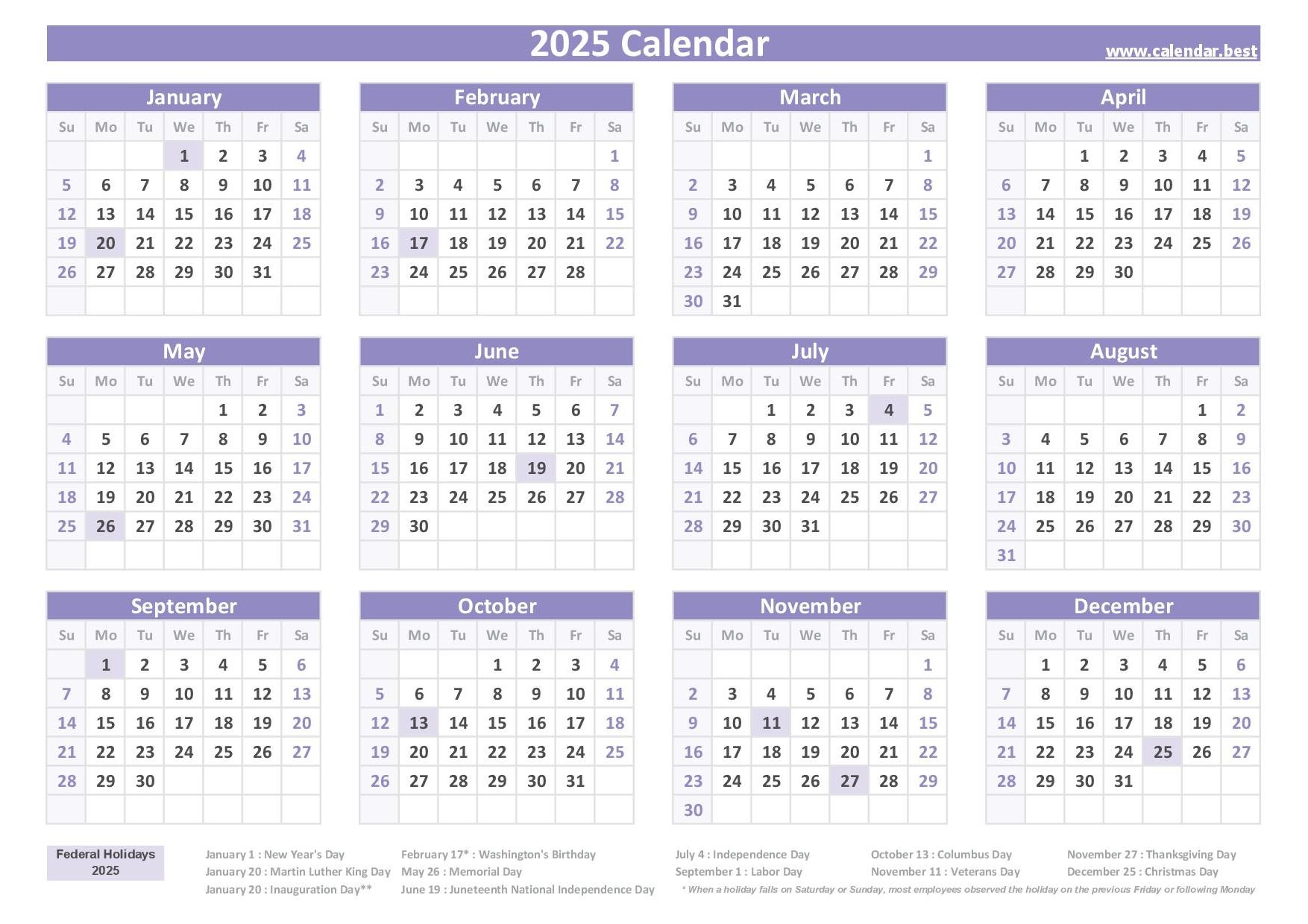 2025 Calendar With Holidays US Federal Holidays 2025 Calendar With Holidays US Federal Holidays