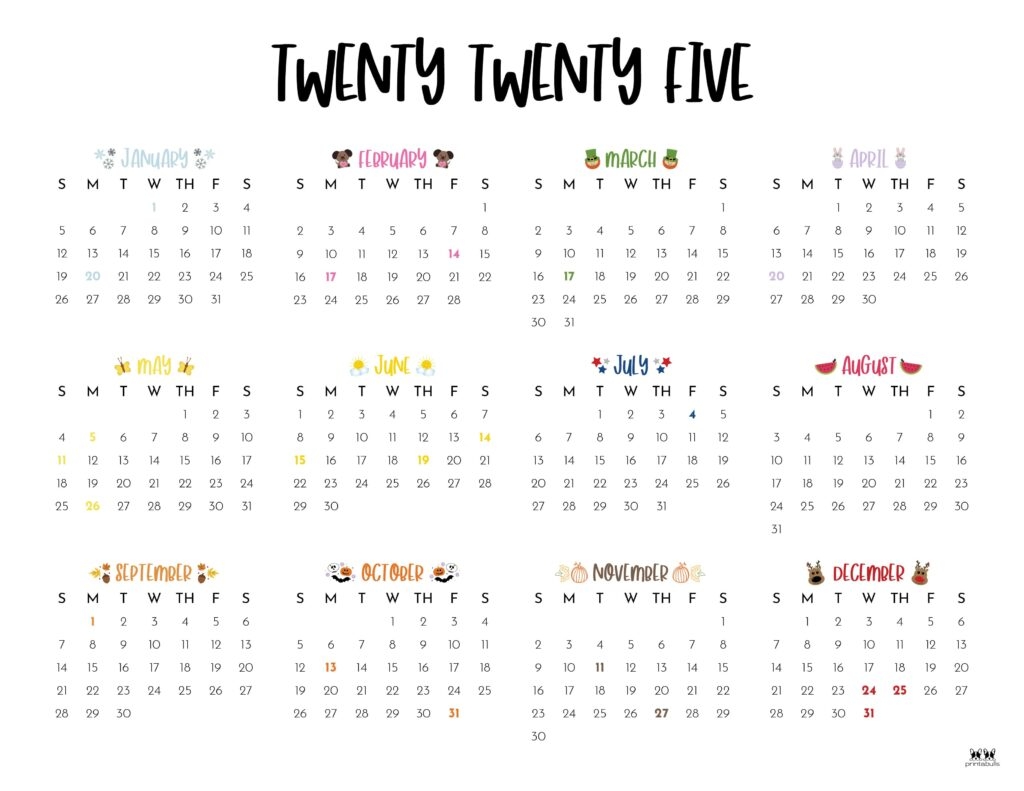 2025 Yearly Calendars 29 FREE Printables Printabulls