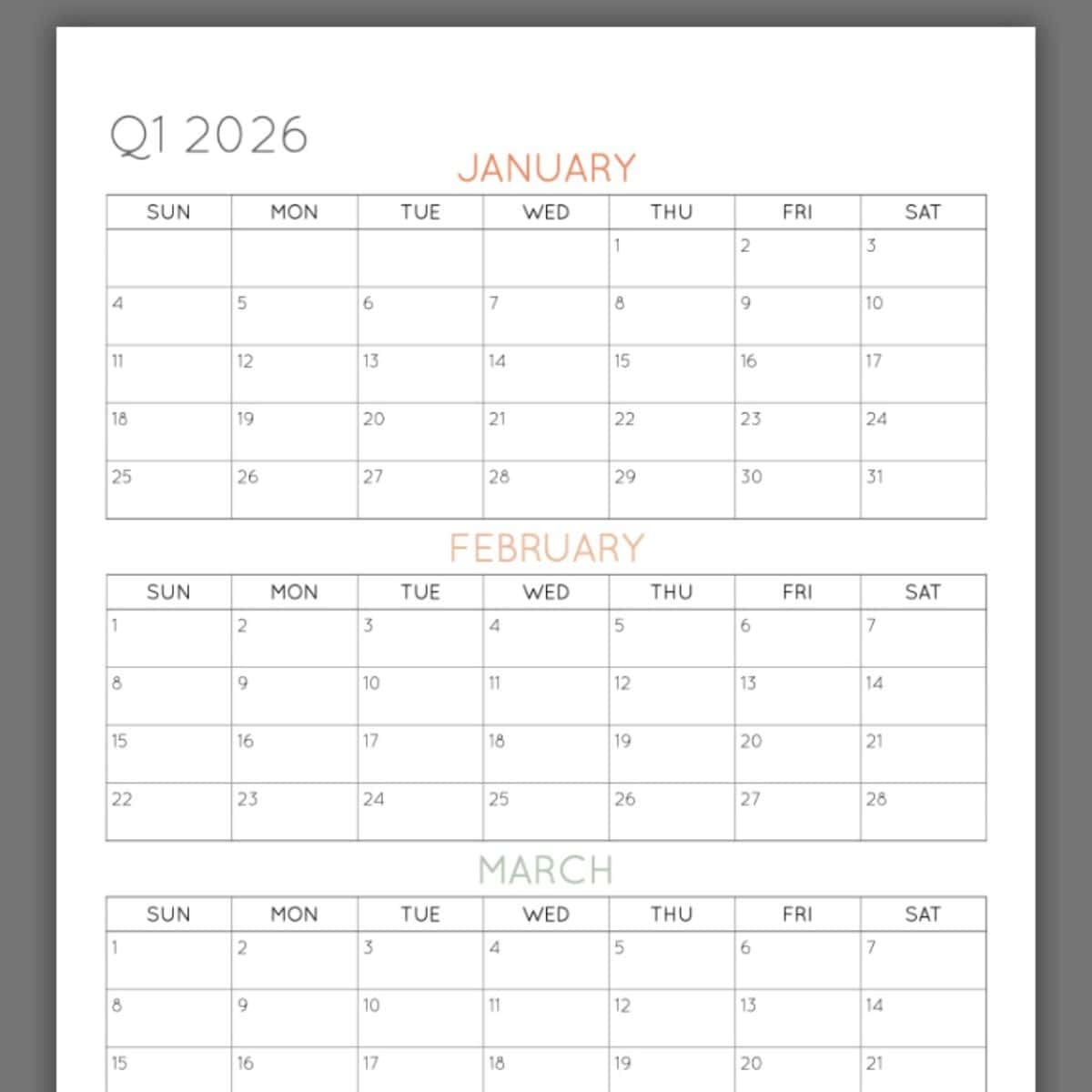 three month calendar free printable