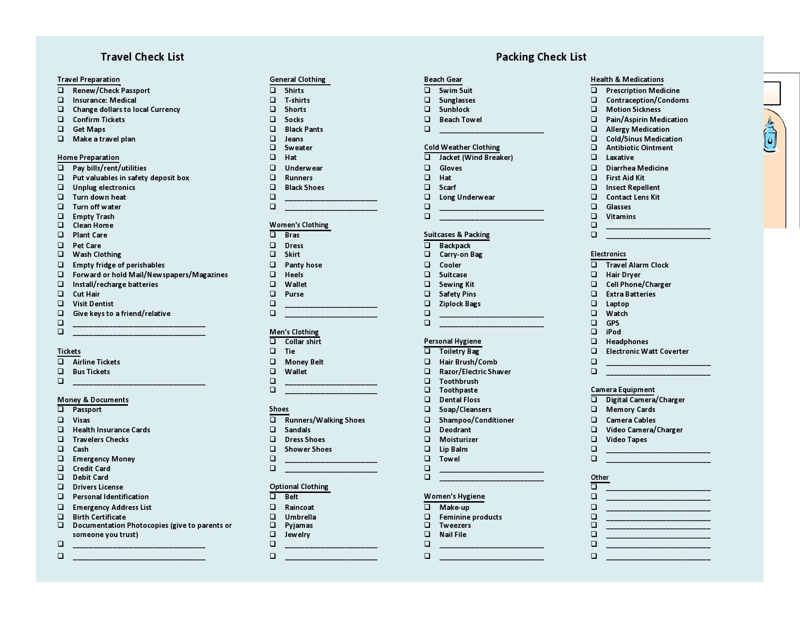 excel printable packing checklist