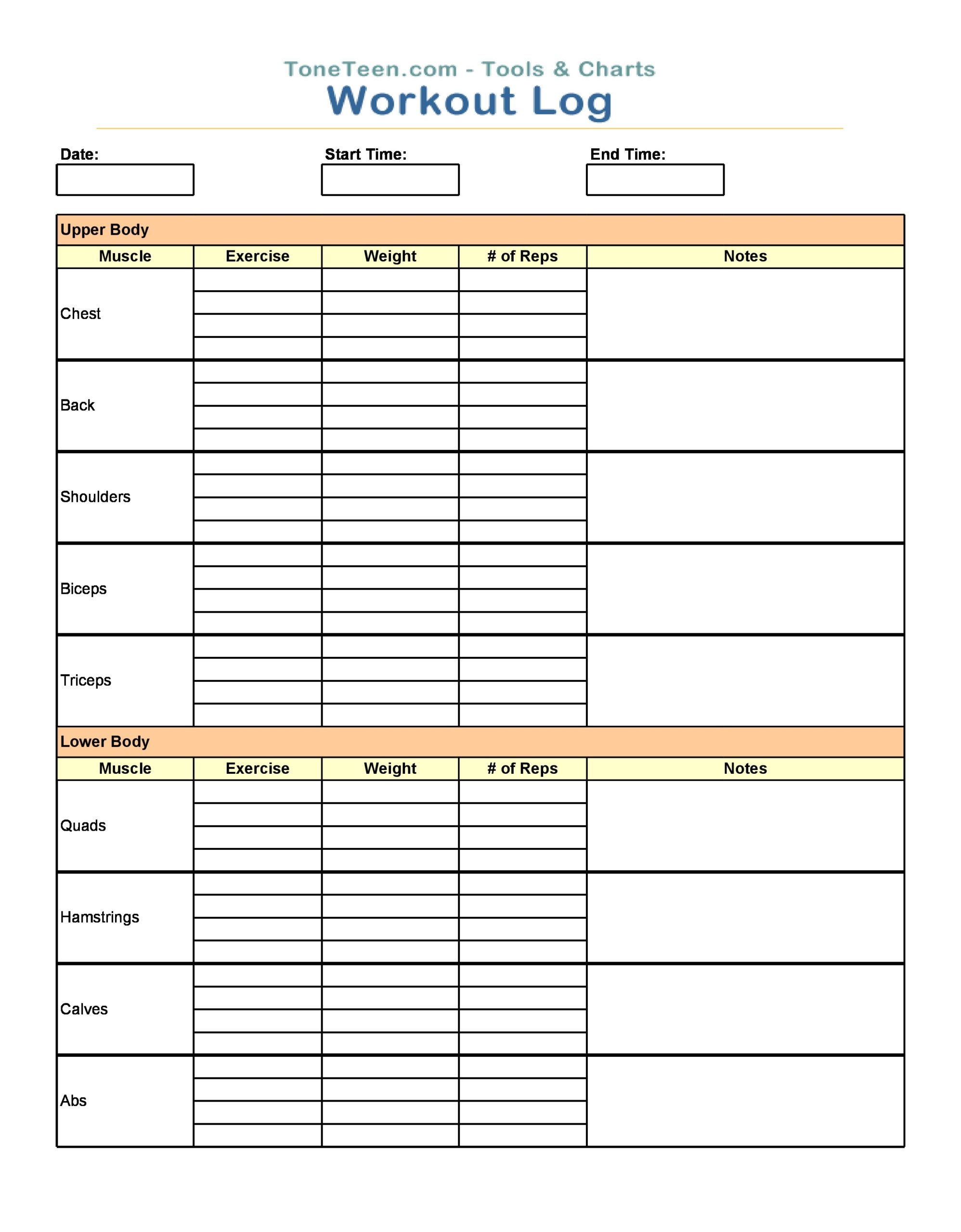 exercise log template printable exercise log template printable