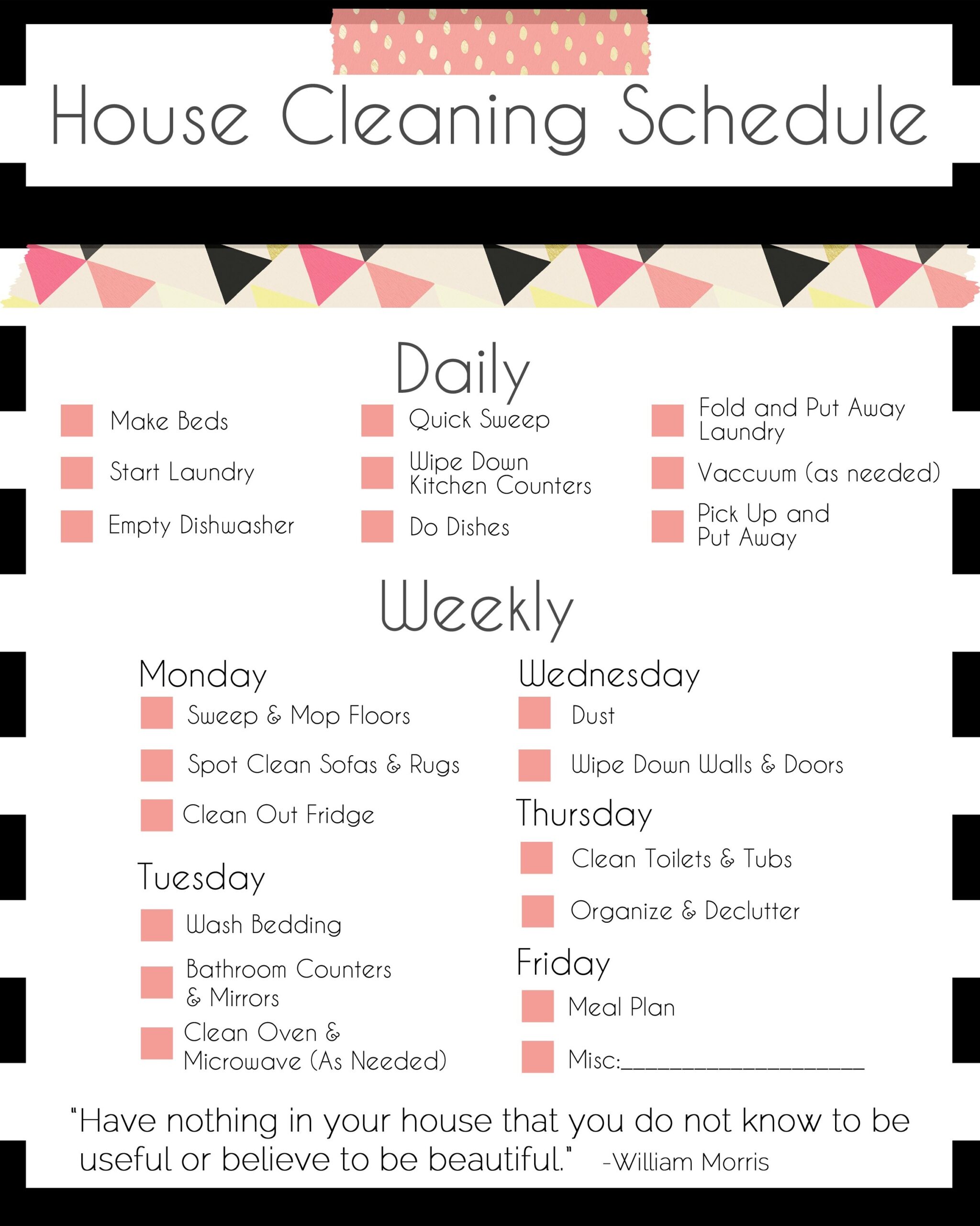 Daily House Cleaning Schedule Printable