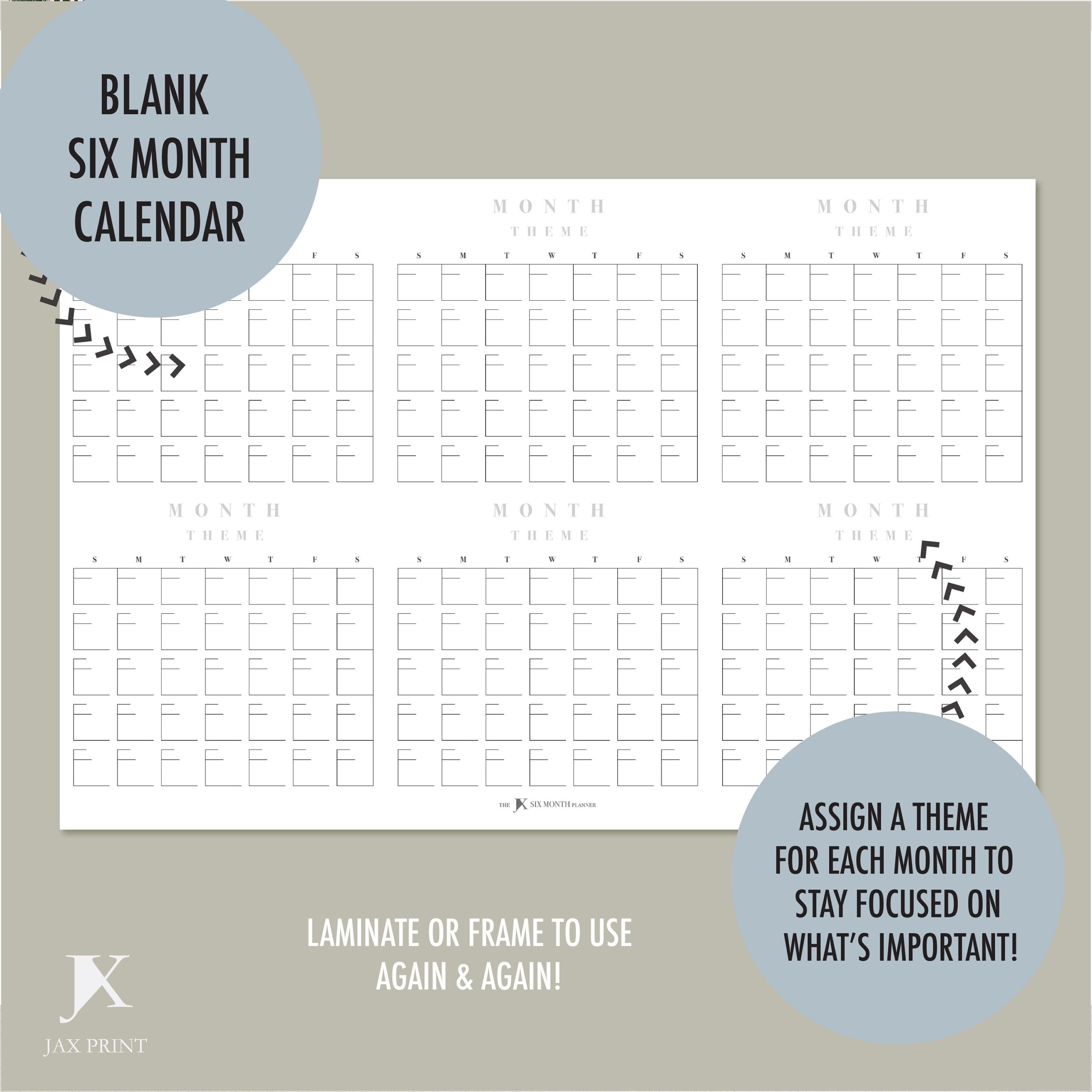 Blank Six Month Printable Calendar Planner Minimalist Large Wall Calendar 3 Blank Month View With Month Theme Dry Erase Calendar Etsy