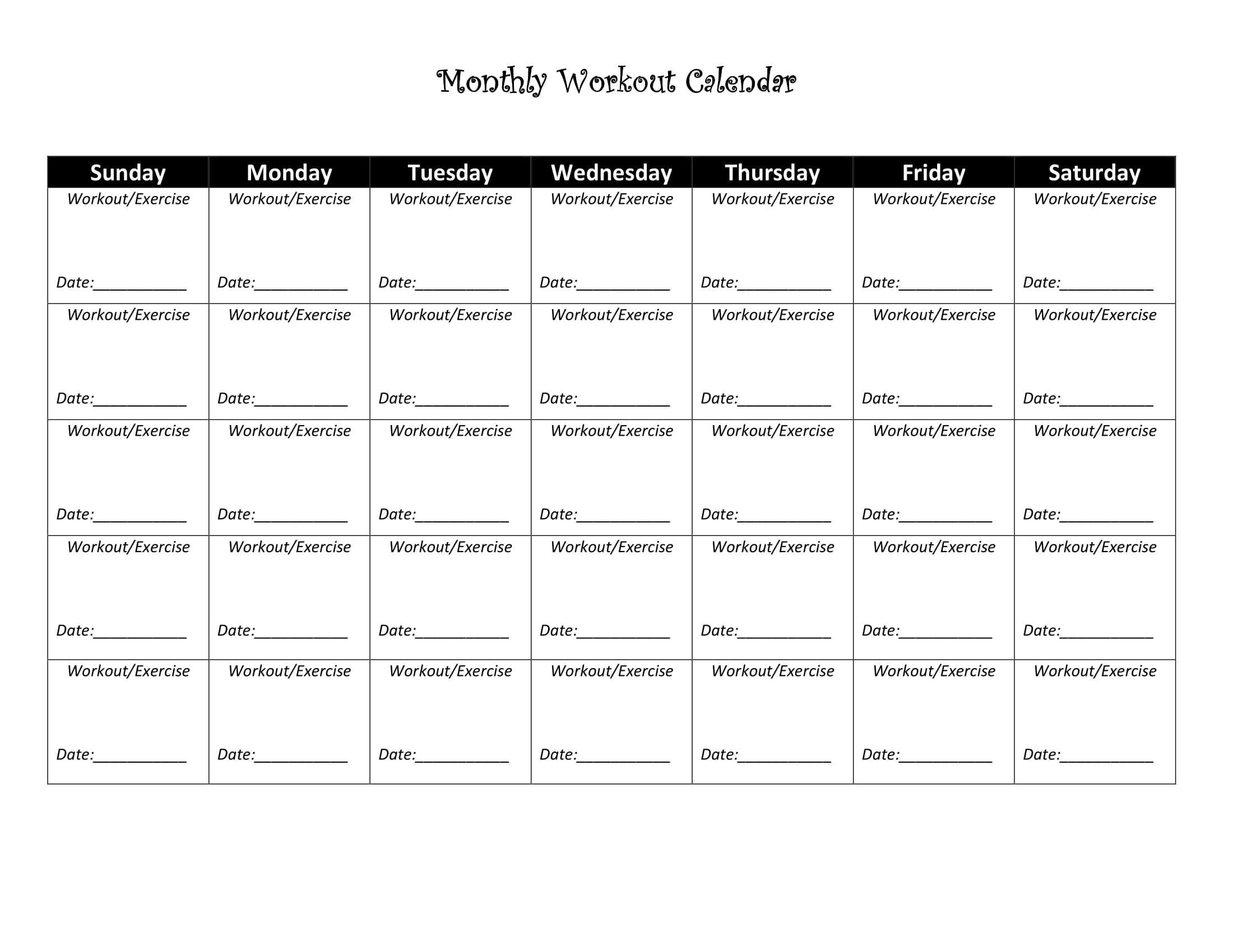 Blank Workout Calendar Free Pdf Or Word Download Blank Workout Calendar Free Pdf Or Word Download