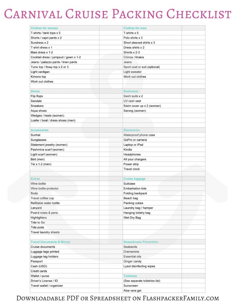 packing for a cruise checklist printable packing for a cruise checklist printable