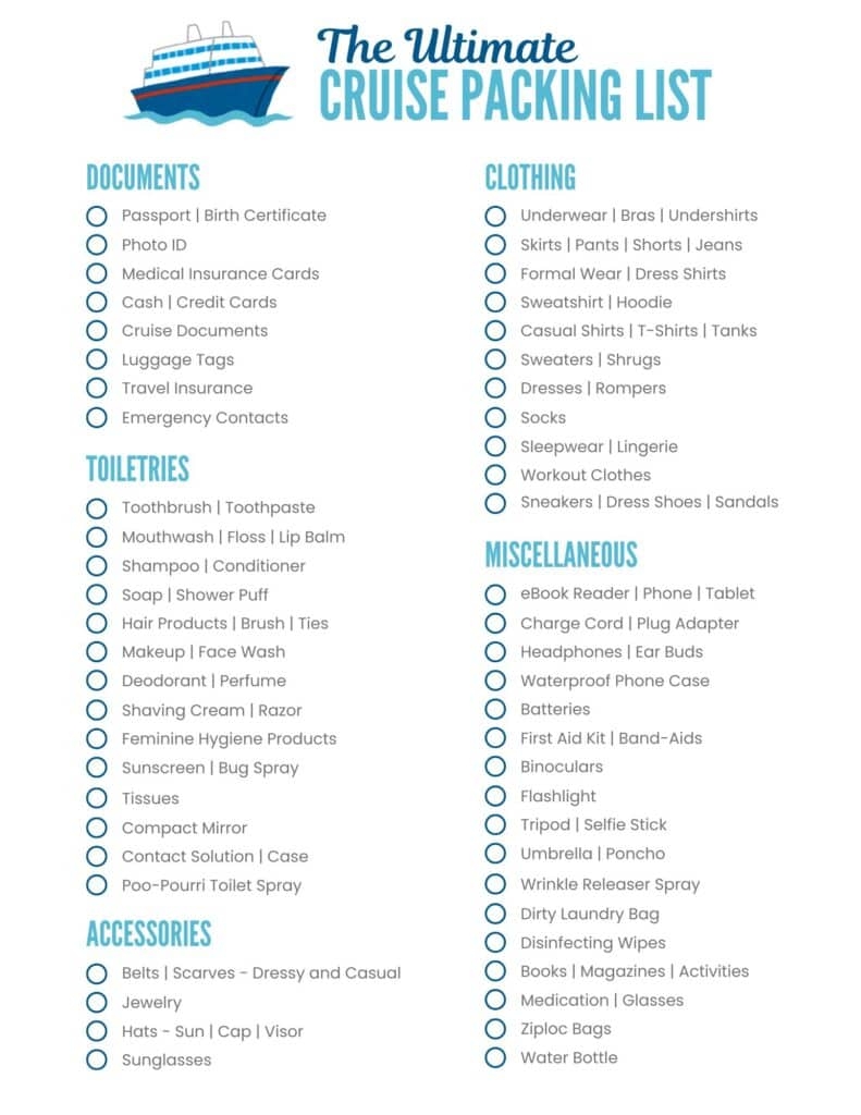 free printable cruise packing list