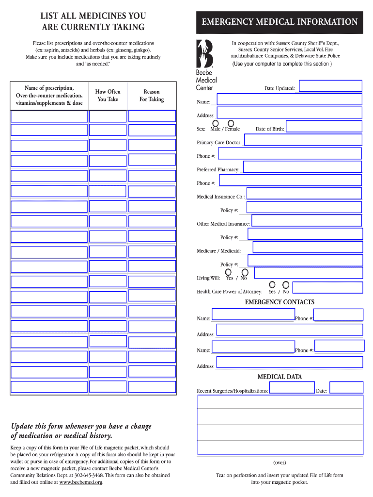 DE Emergency Medical Information List All Fill Online Printable Fillable Blank PdfFiller