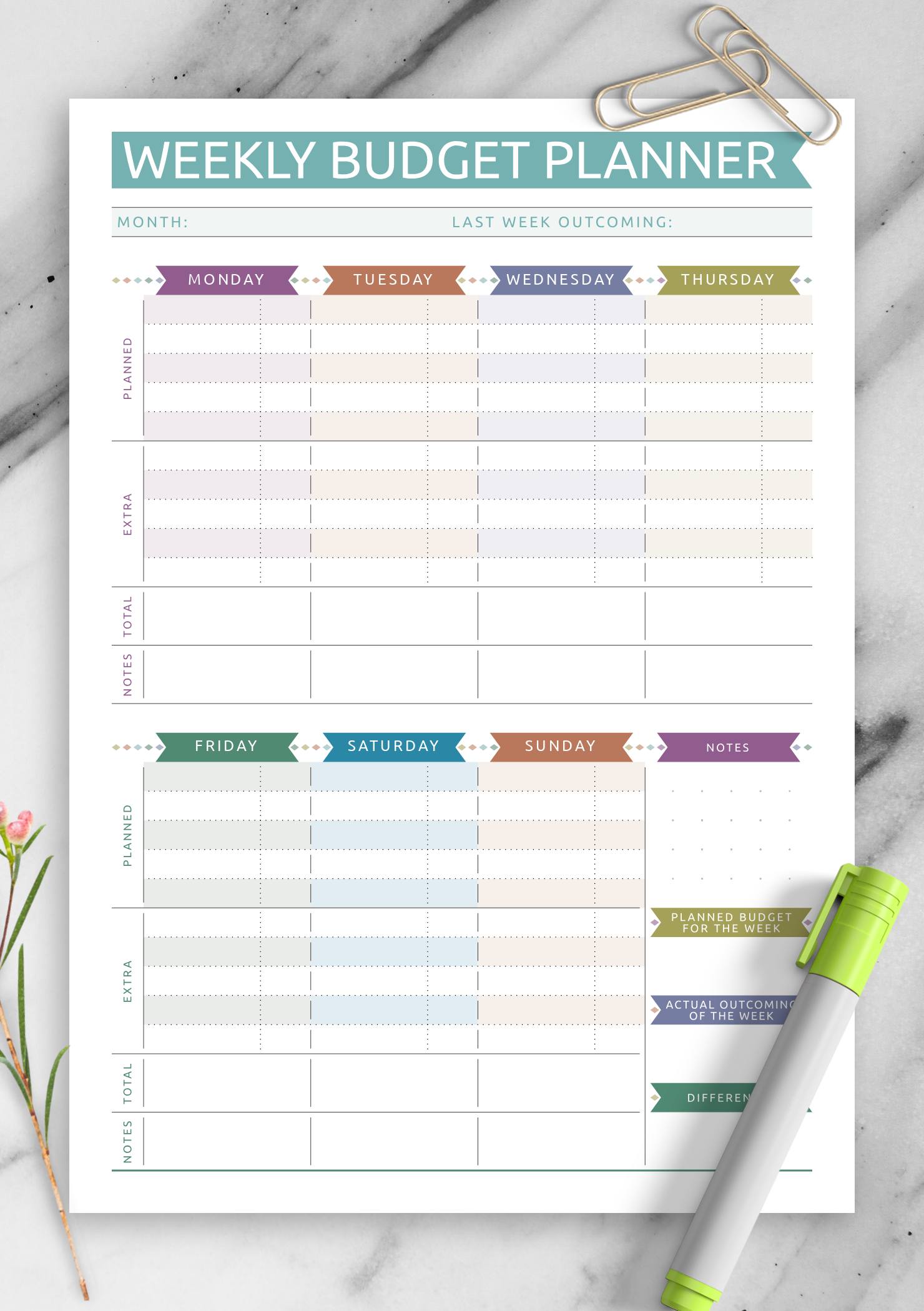 weekly budget sheet printable