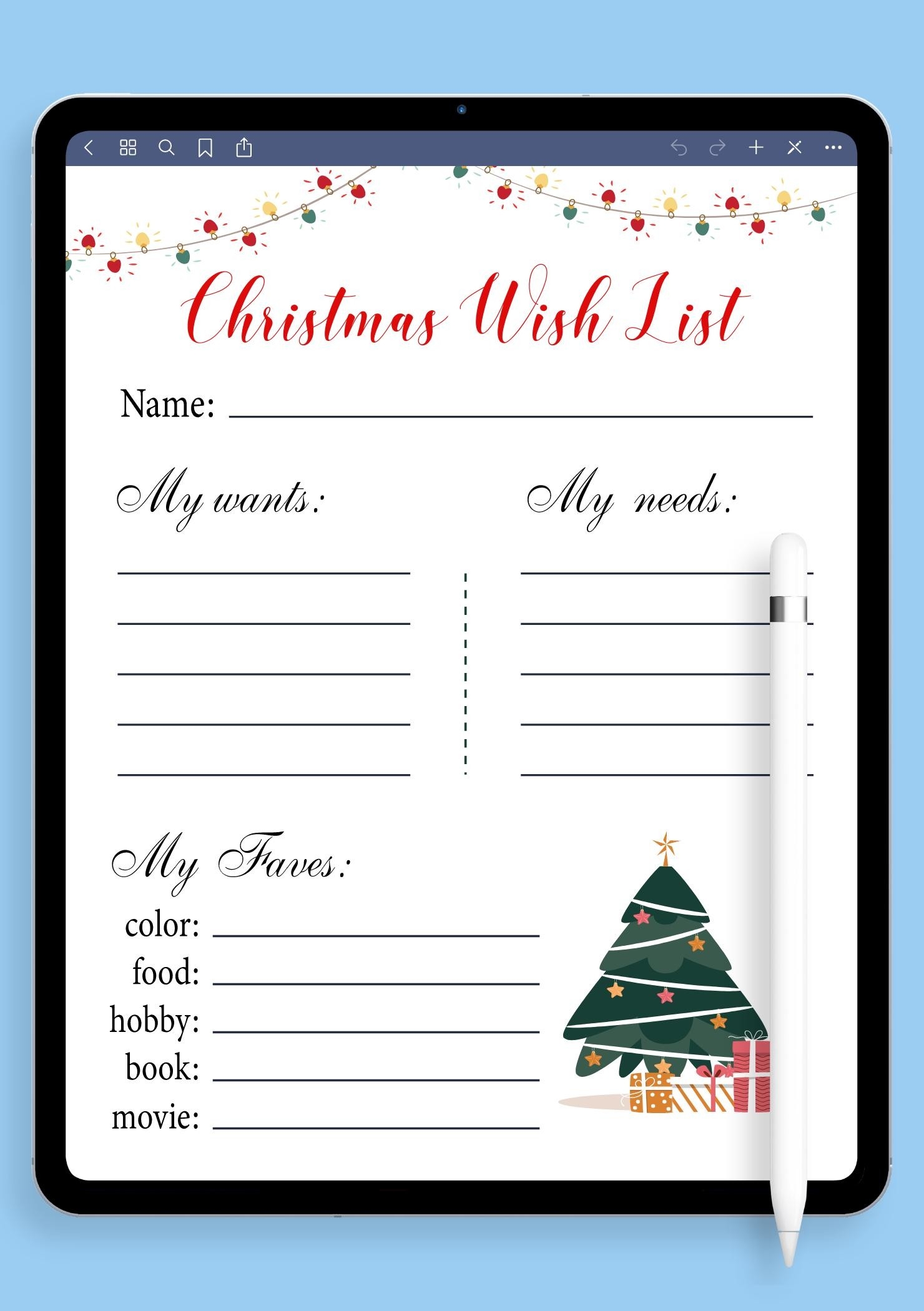 Download Printable White Christmas Wish List Template PDF