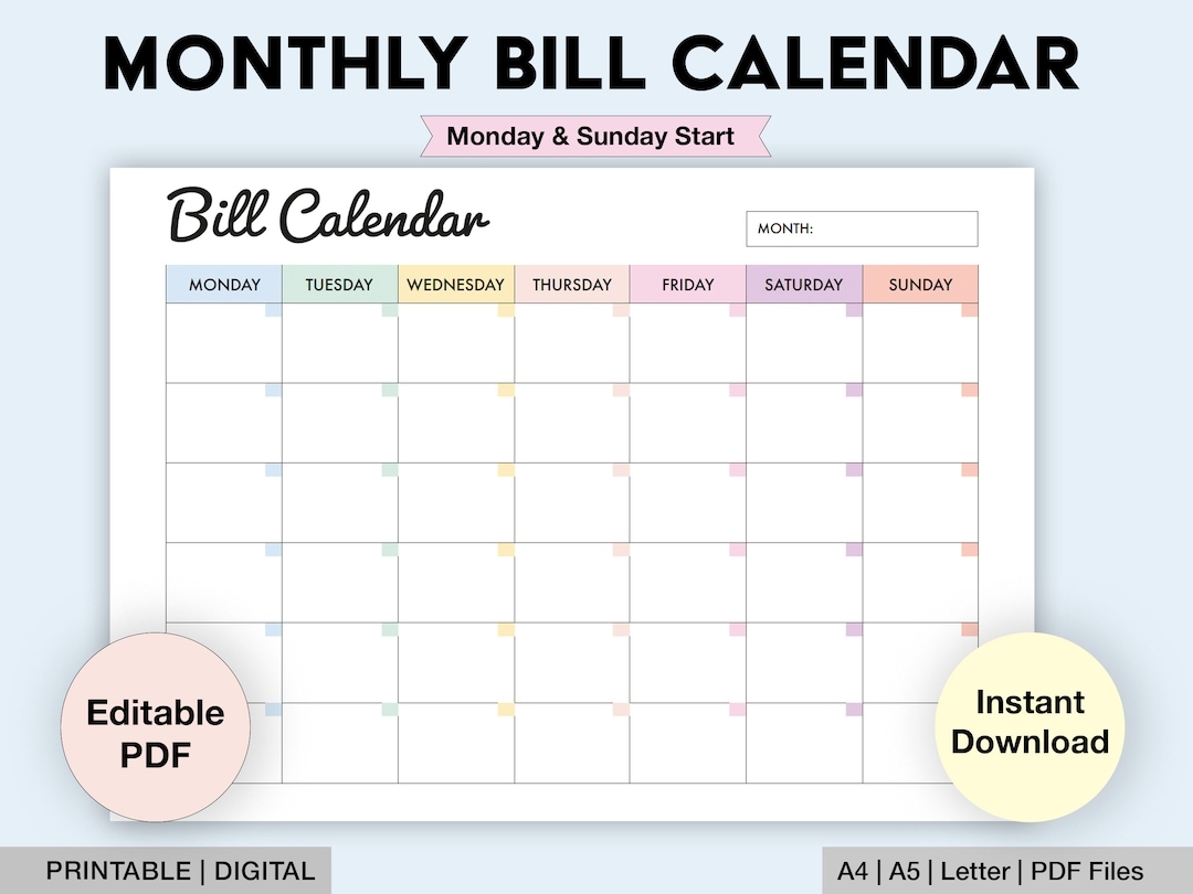 Editable Bill Calendar Printable Monthly Bill Planner Monthly Bill Log Bill Payment Checklist Bill Payment Tracker Digital PDF Etsy New Zealand