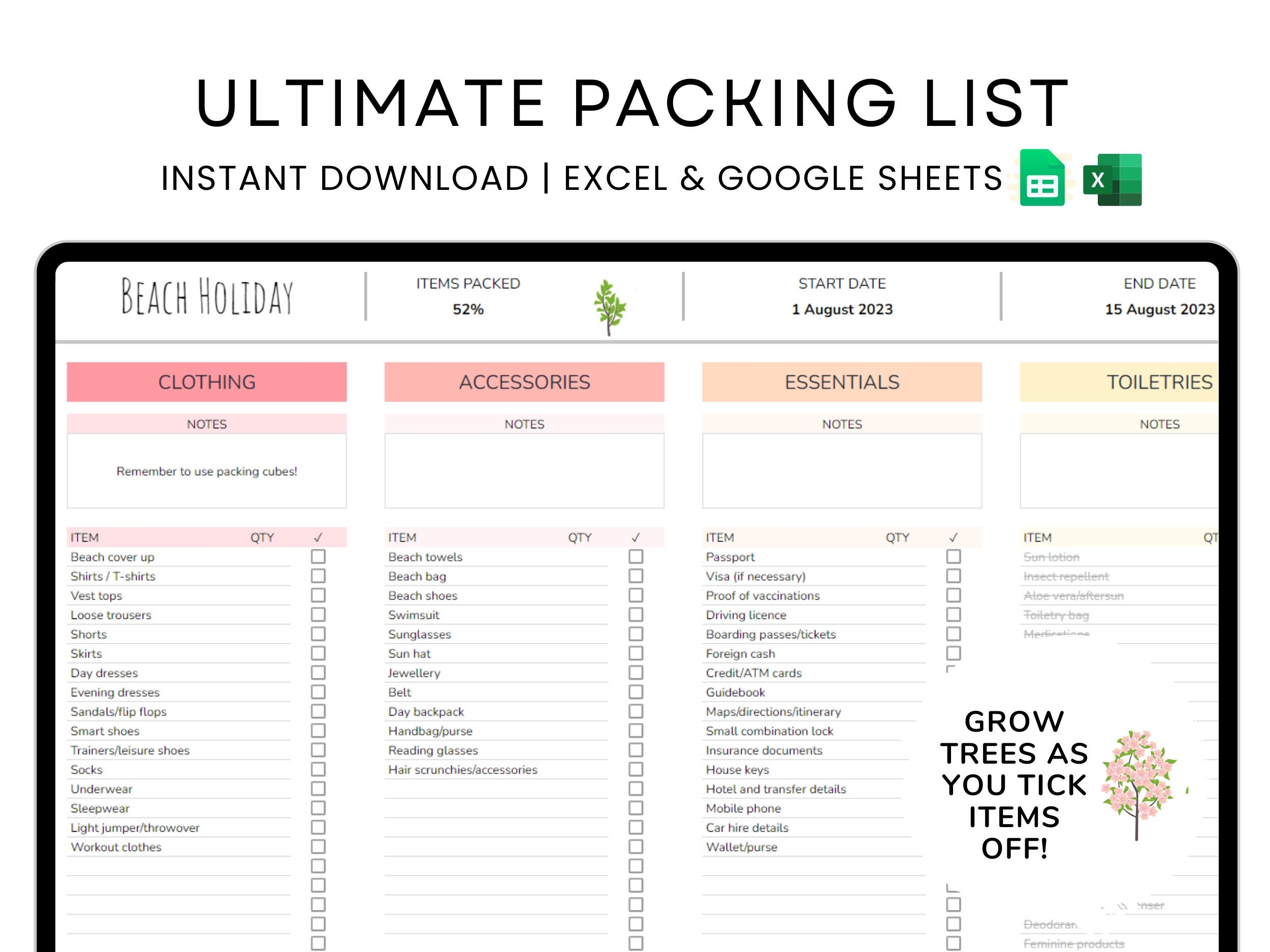 Editable Packing List Template Google Sheets Excel Holiday Vacation Planner Etsy