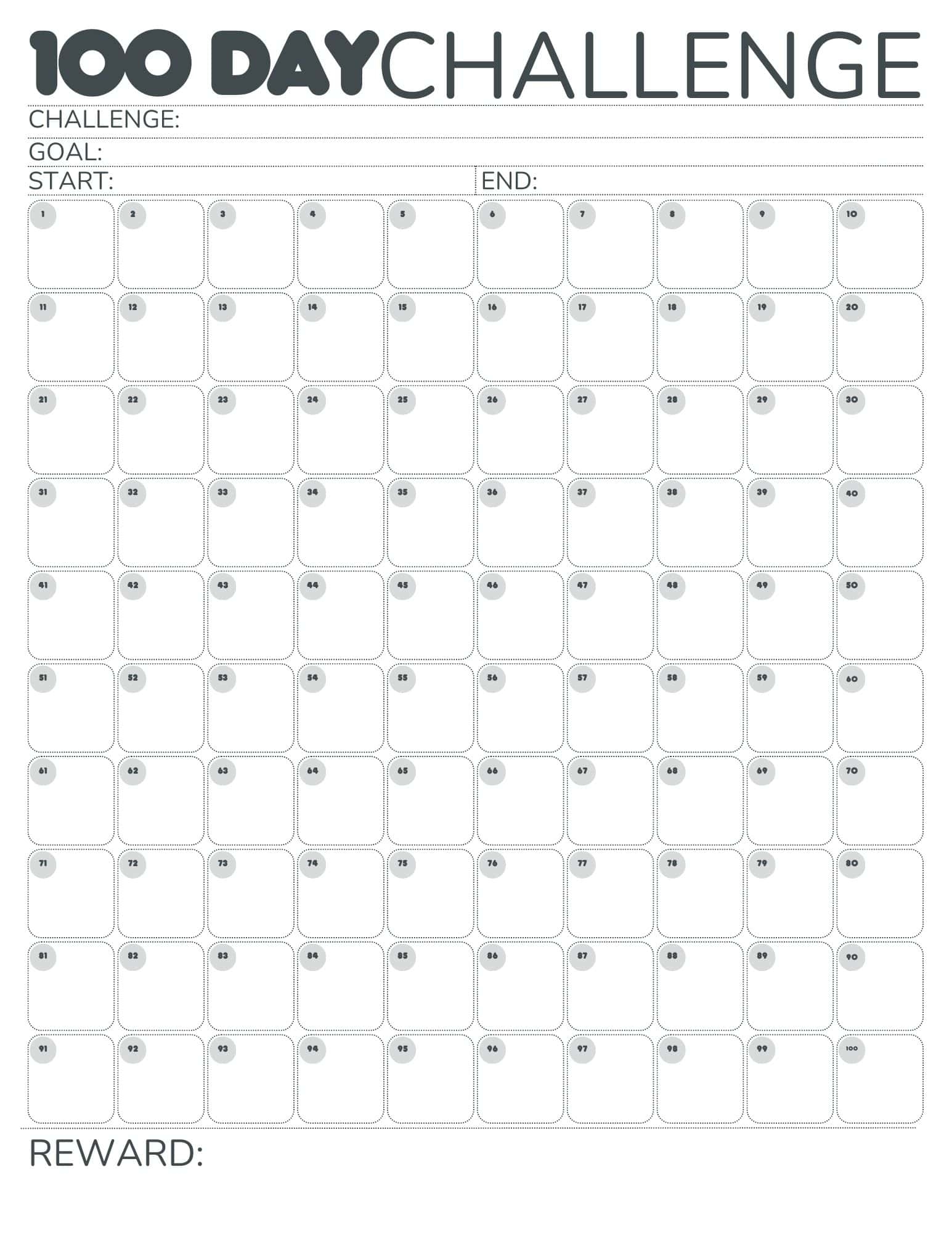 Free 100 Day Challenge Calendar Free 100 Day Challenge Calendar