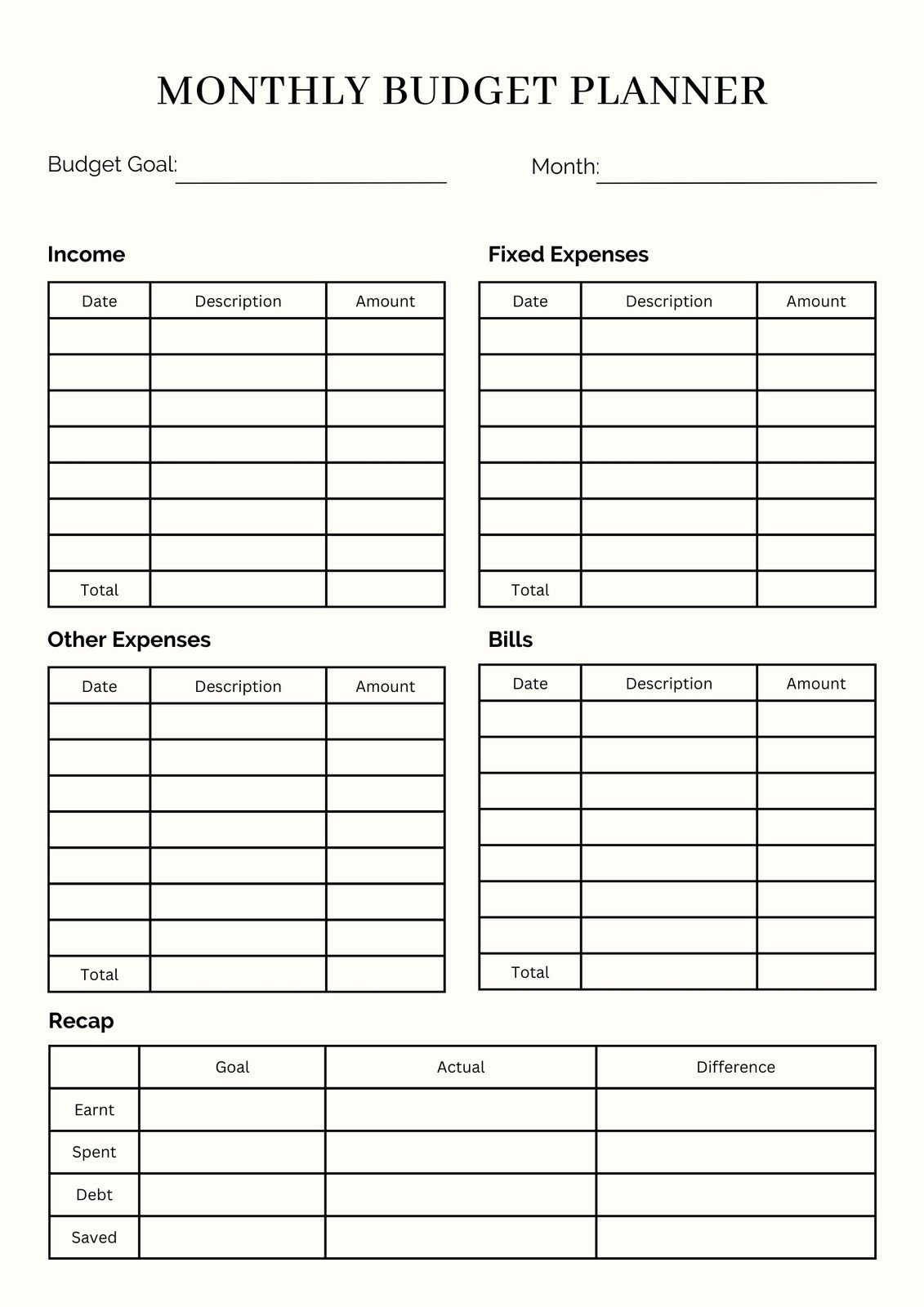 Personal Budget Template Printable