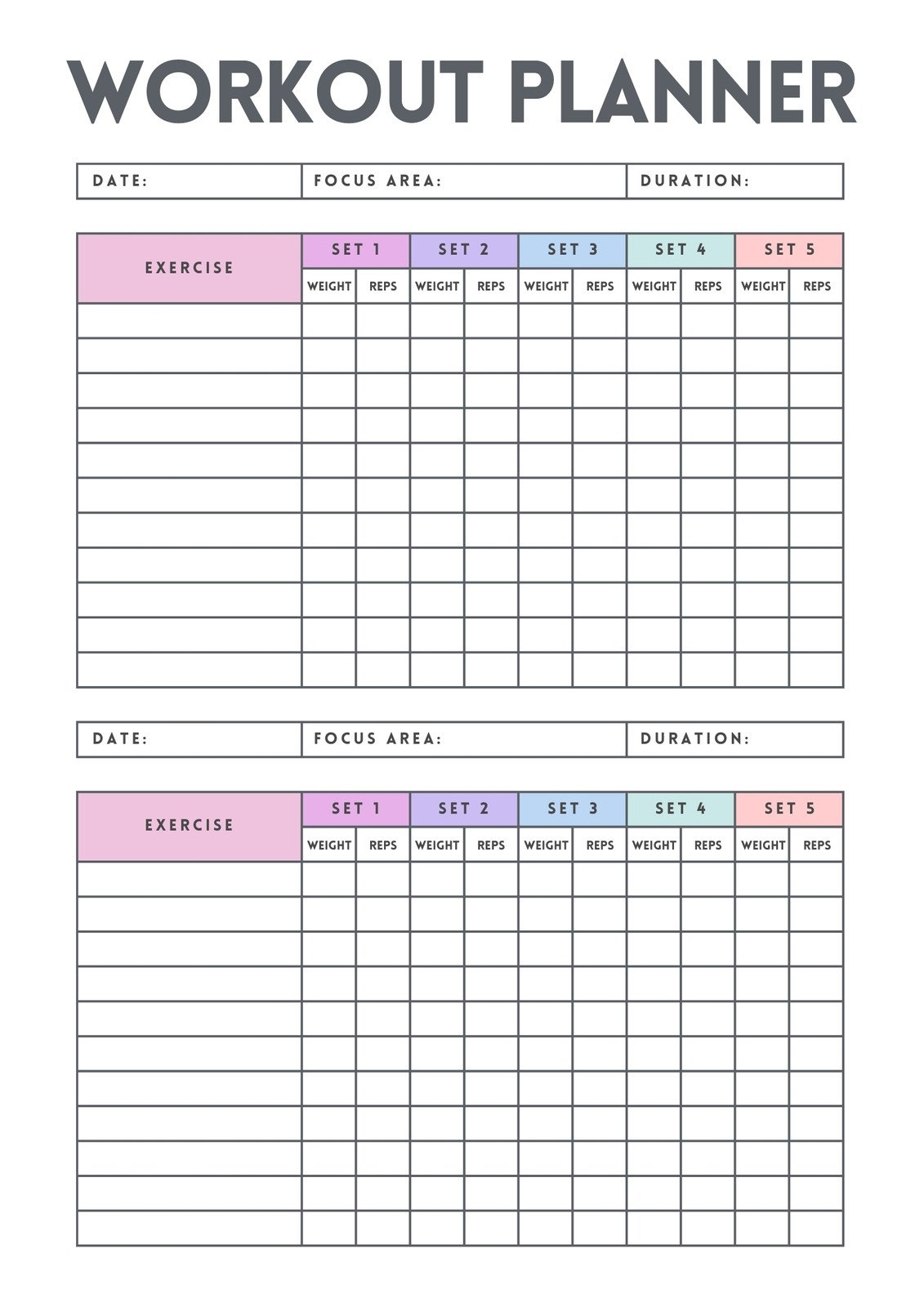 Exercise Log Template Printable