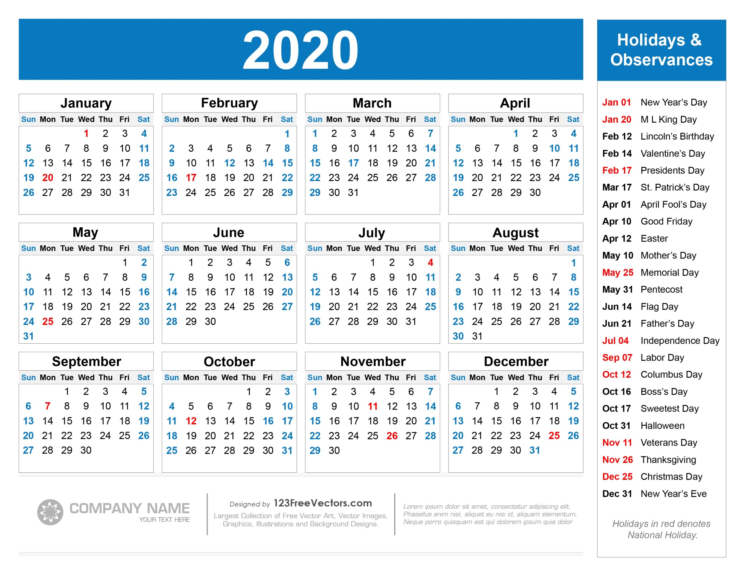 Free Download 2020 Calendar With Holidays And Observances