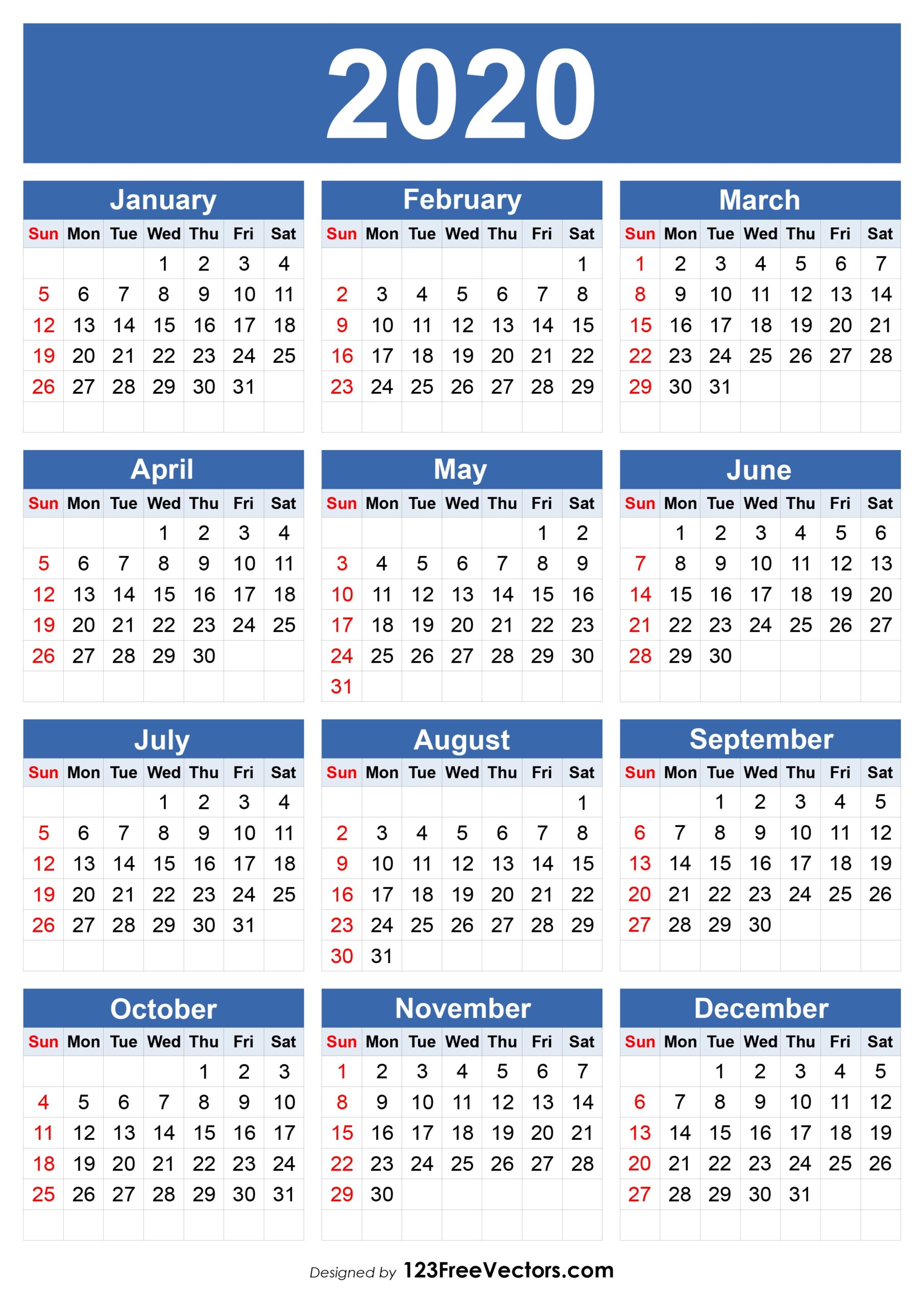 Free Download 2020 Calendar With Month Dates