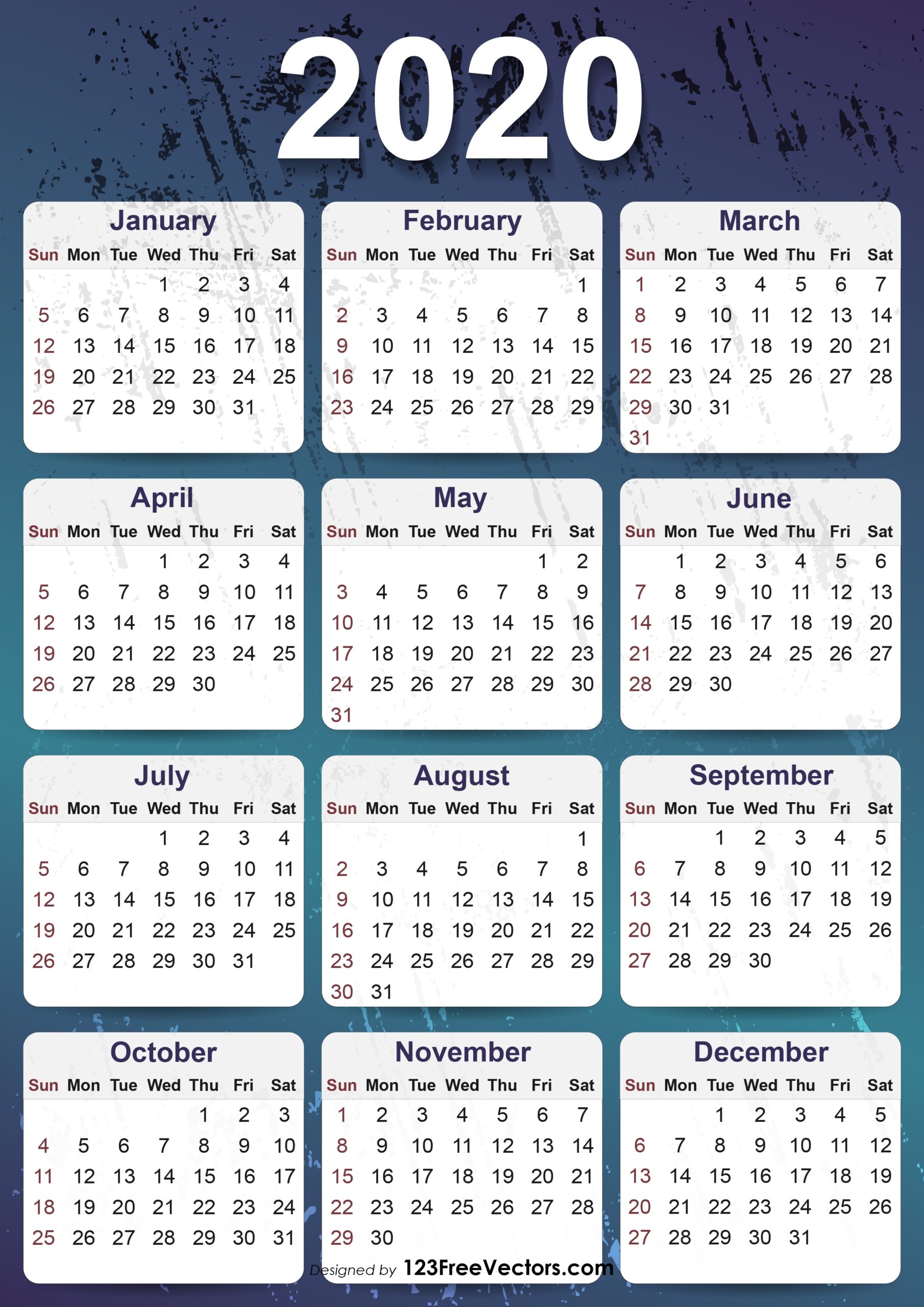 Free Download 2020 Monthly Calendar Template