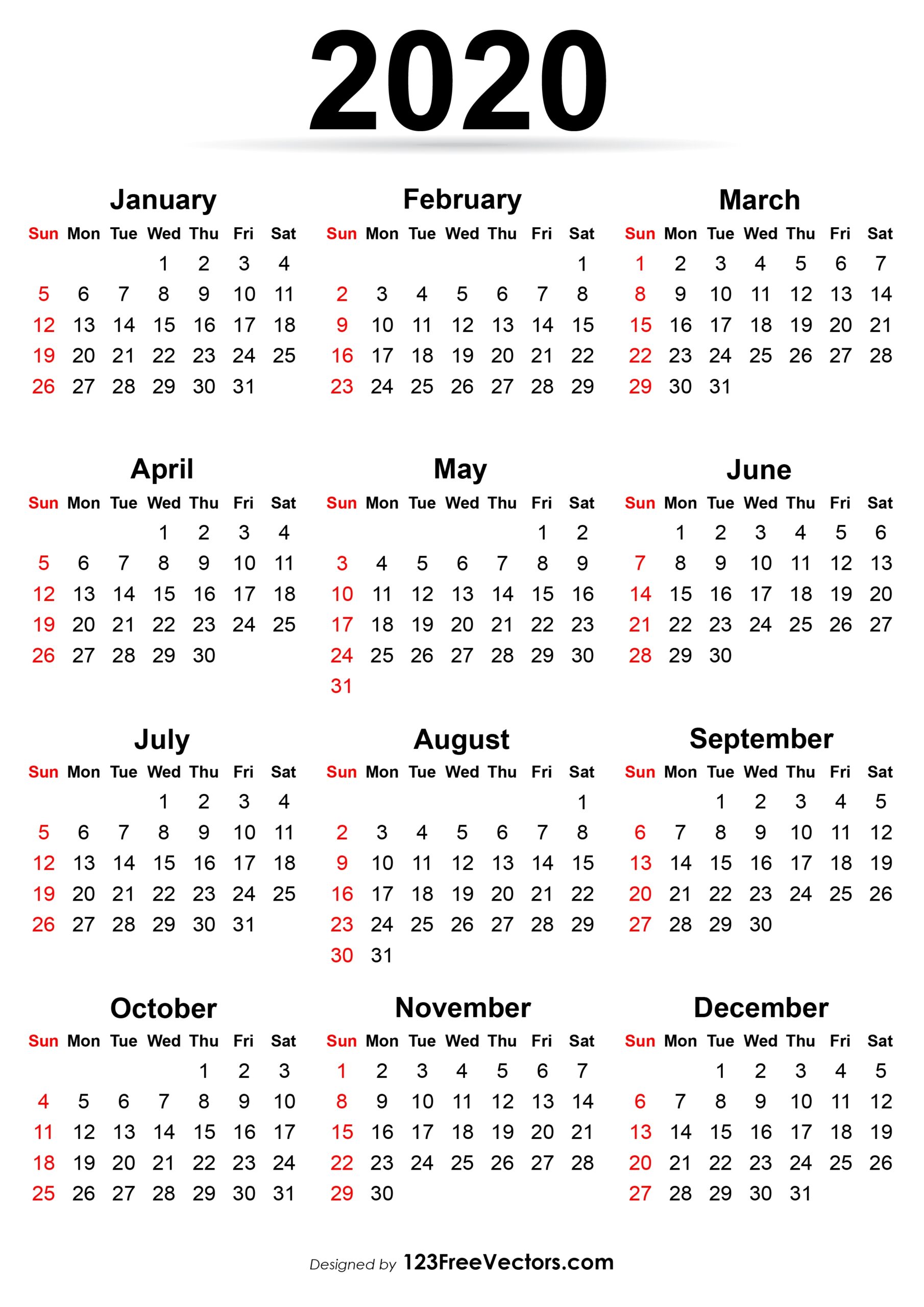 2020 Yearly Calendar Free Printable