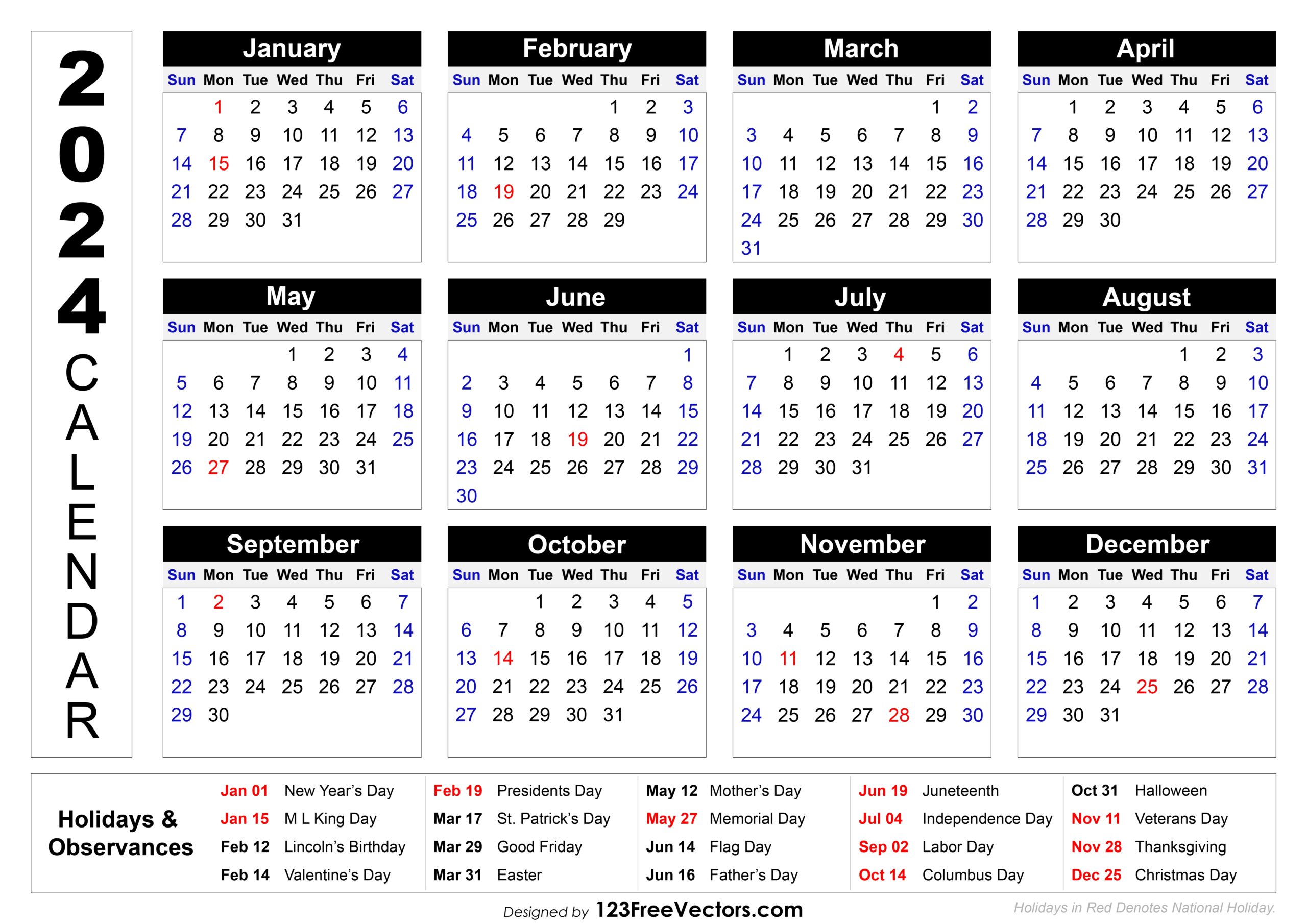 Free Download 2024 Printable Calendar With Holidays Free Download 2024 Printable Calendar With Holidays