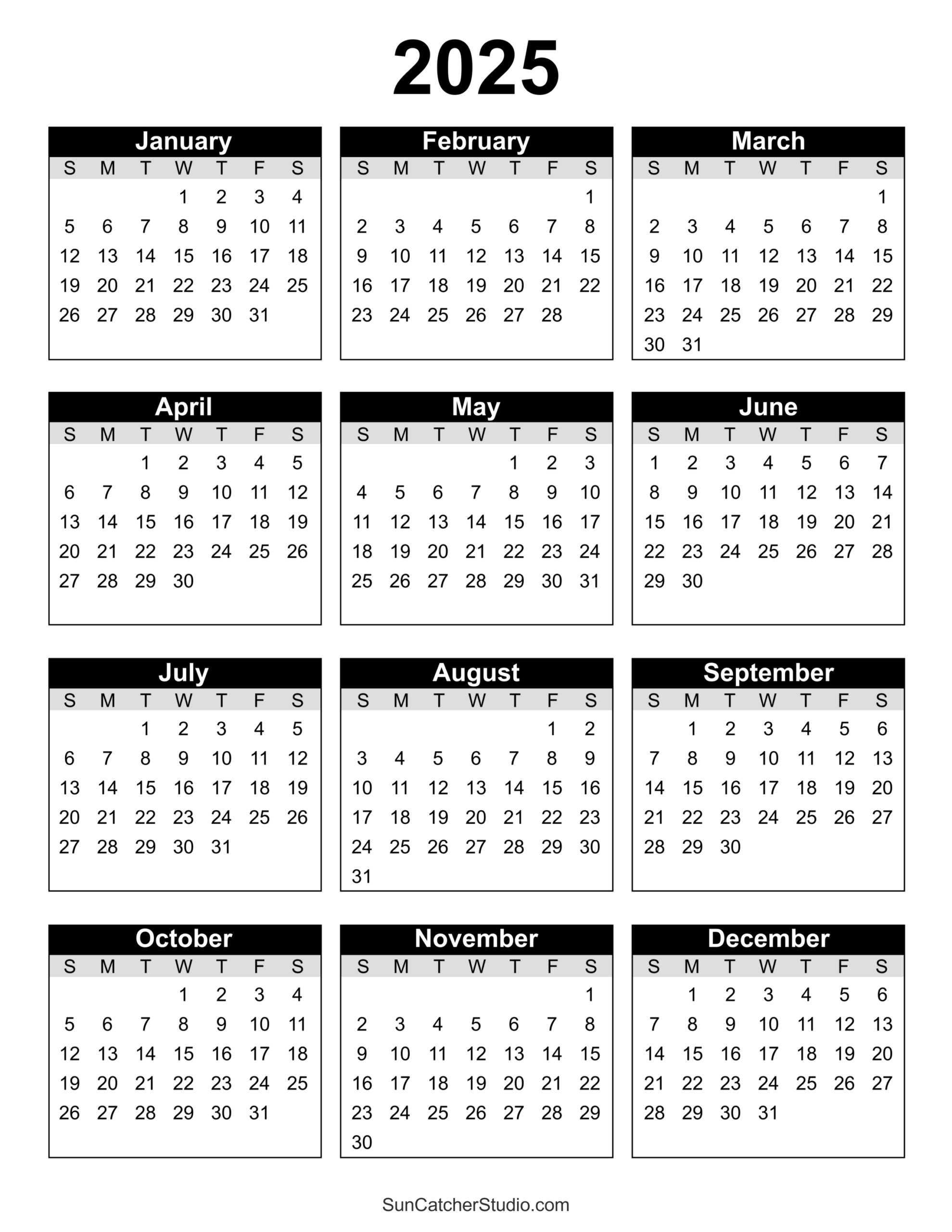 Free Printable 2025 Yearly Calendar Free Printables Lettering SVG Files Tools Apps