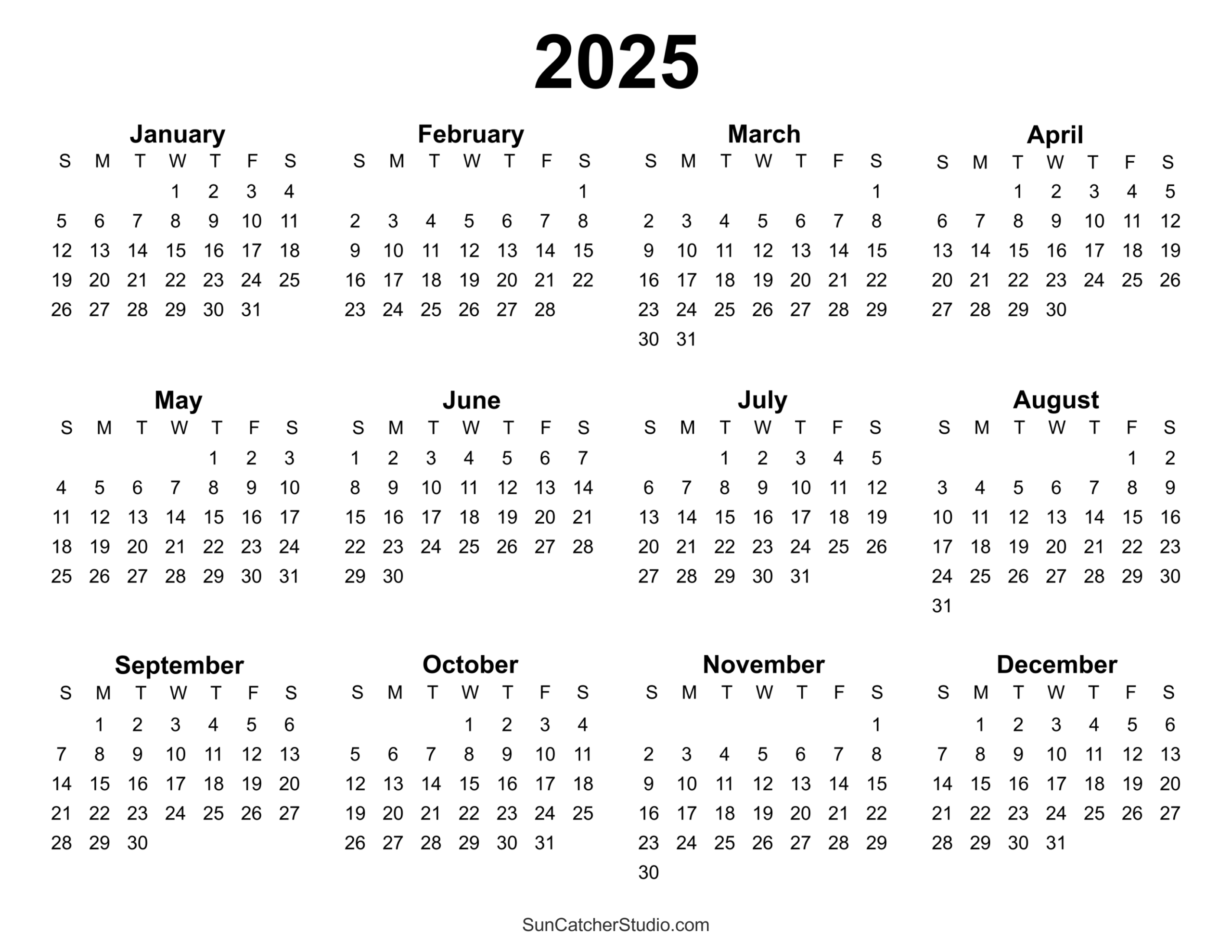 Free Printable 2025 Yearly Calendar Free Printables Lettering SVG Files Tools Apps