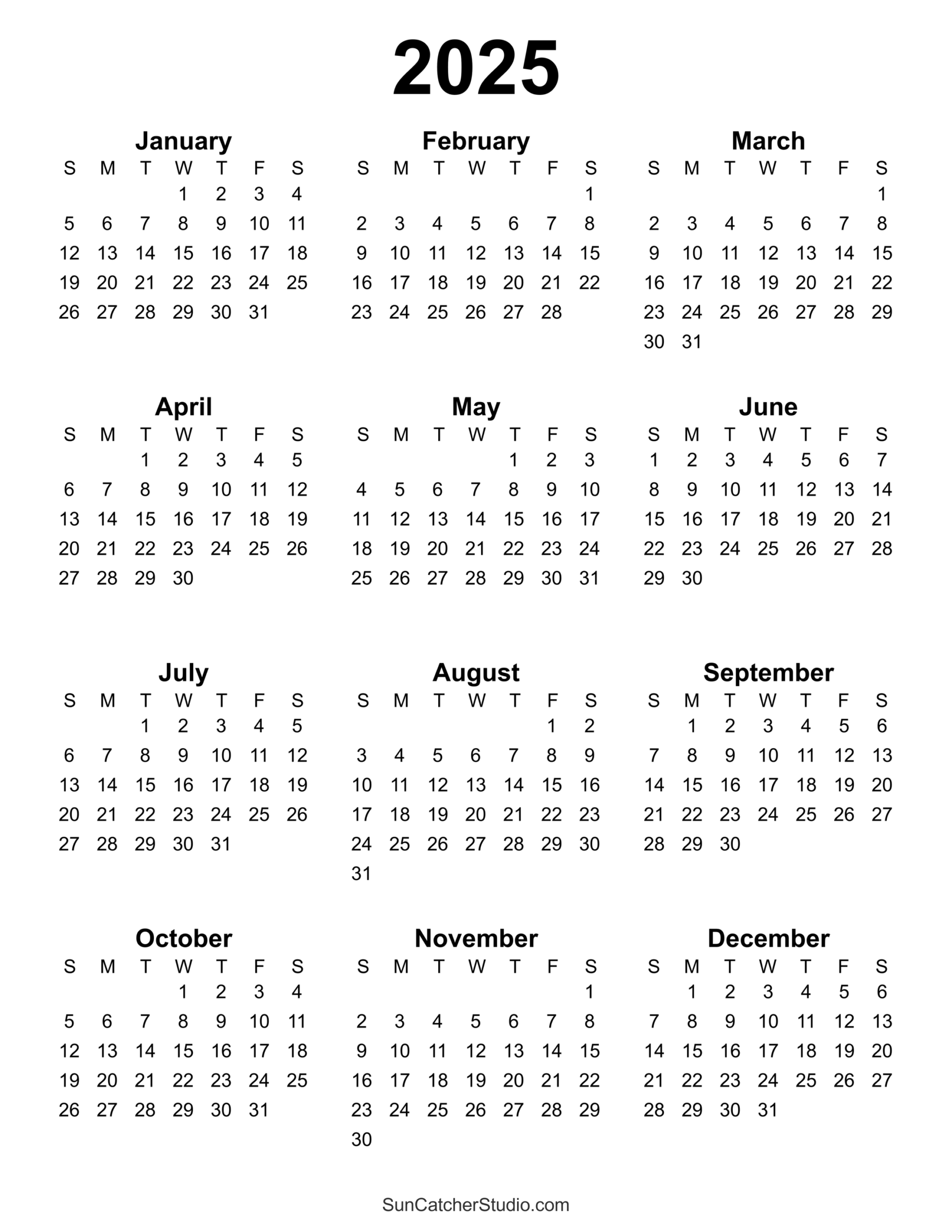 Free Printable 2025 Yearly Calendar Free Printables Lettering SVG Files Tools Apps