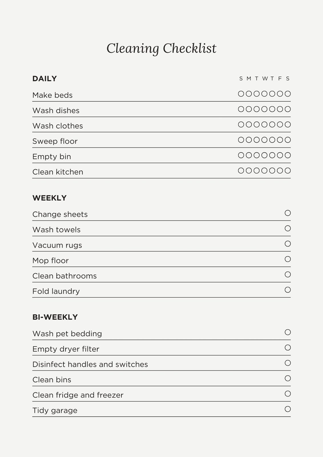 daily weekly monthly cleaning checklist printable free