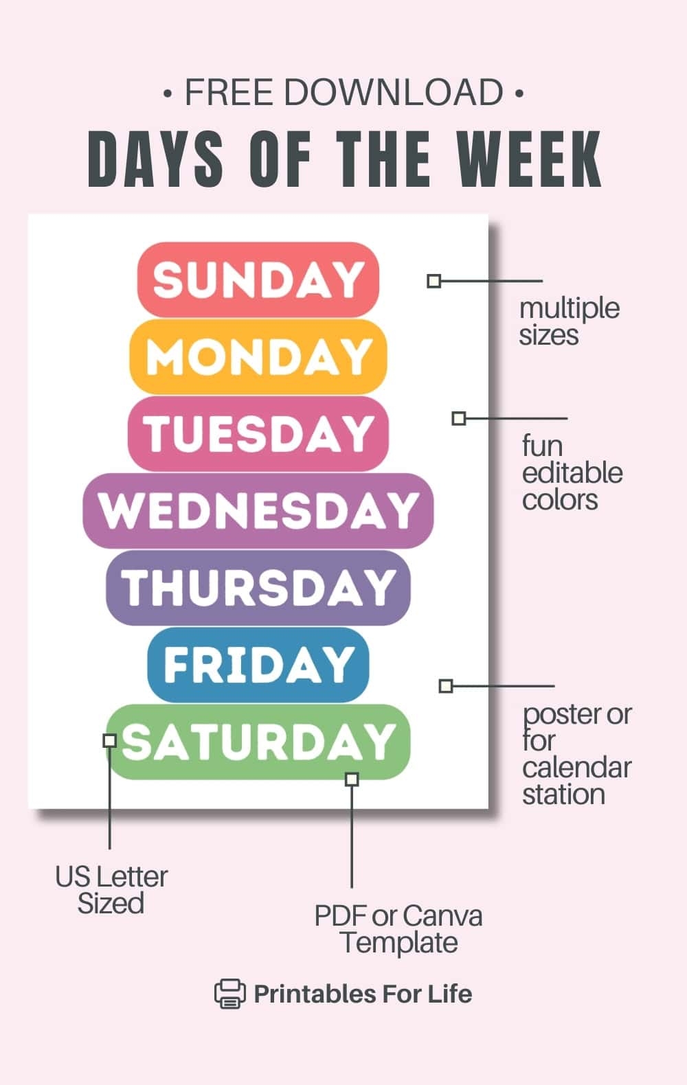 printable calendar days of the week