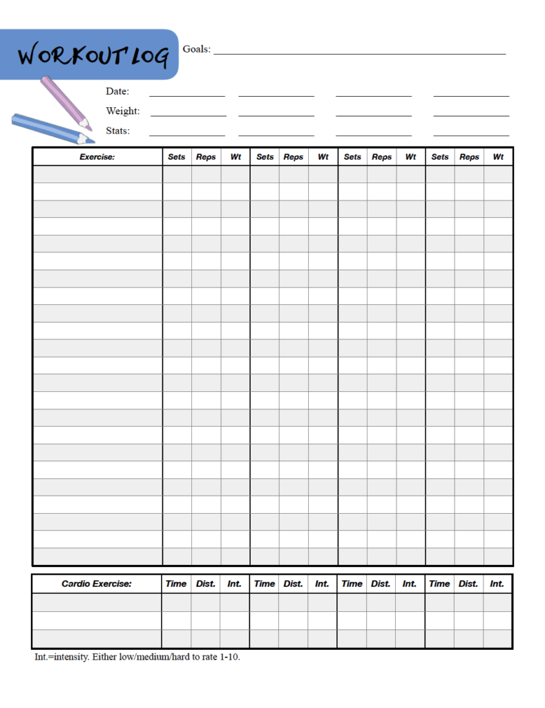 exercise log free printable
