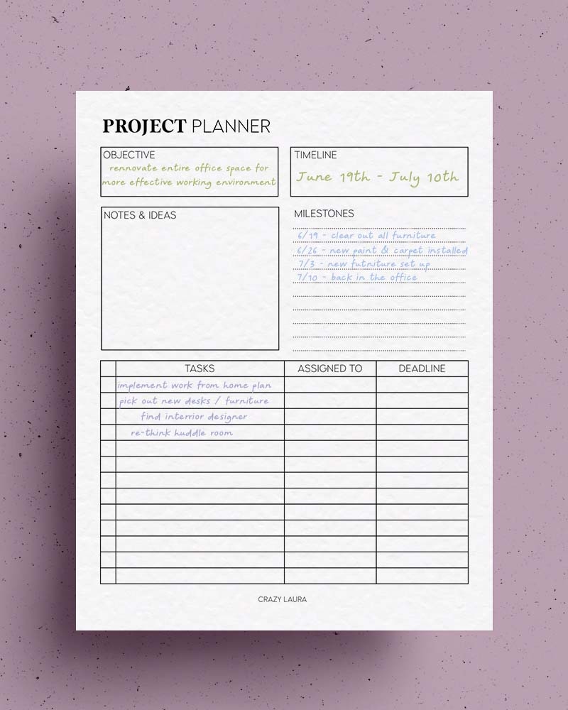 Room Project Planner Printable