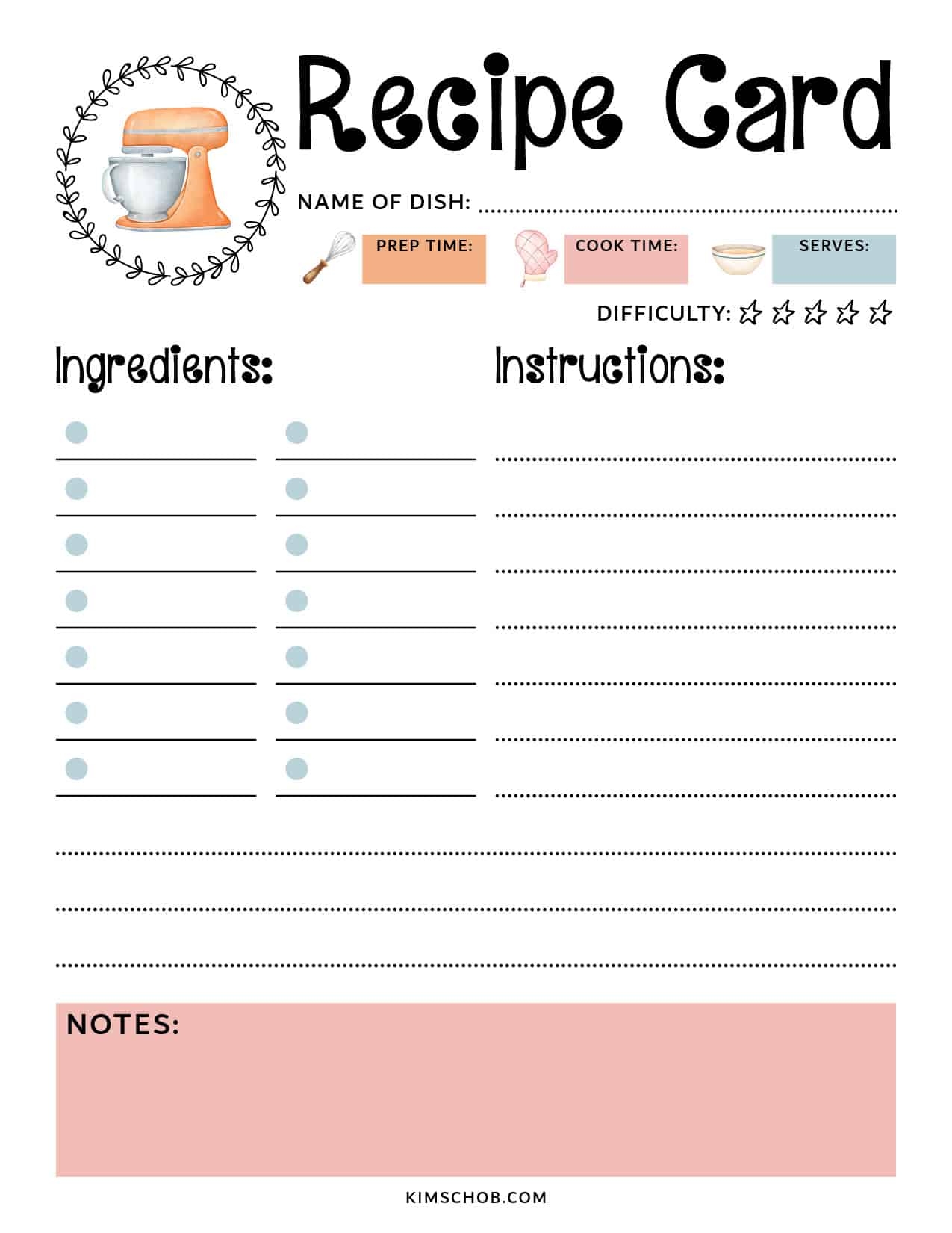 Free Recipe Card Printable Kim Schob