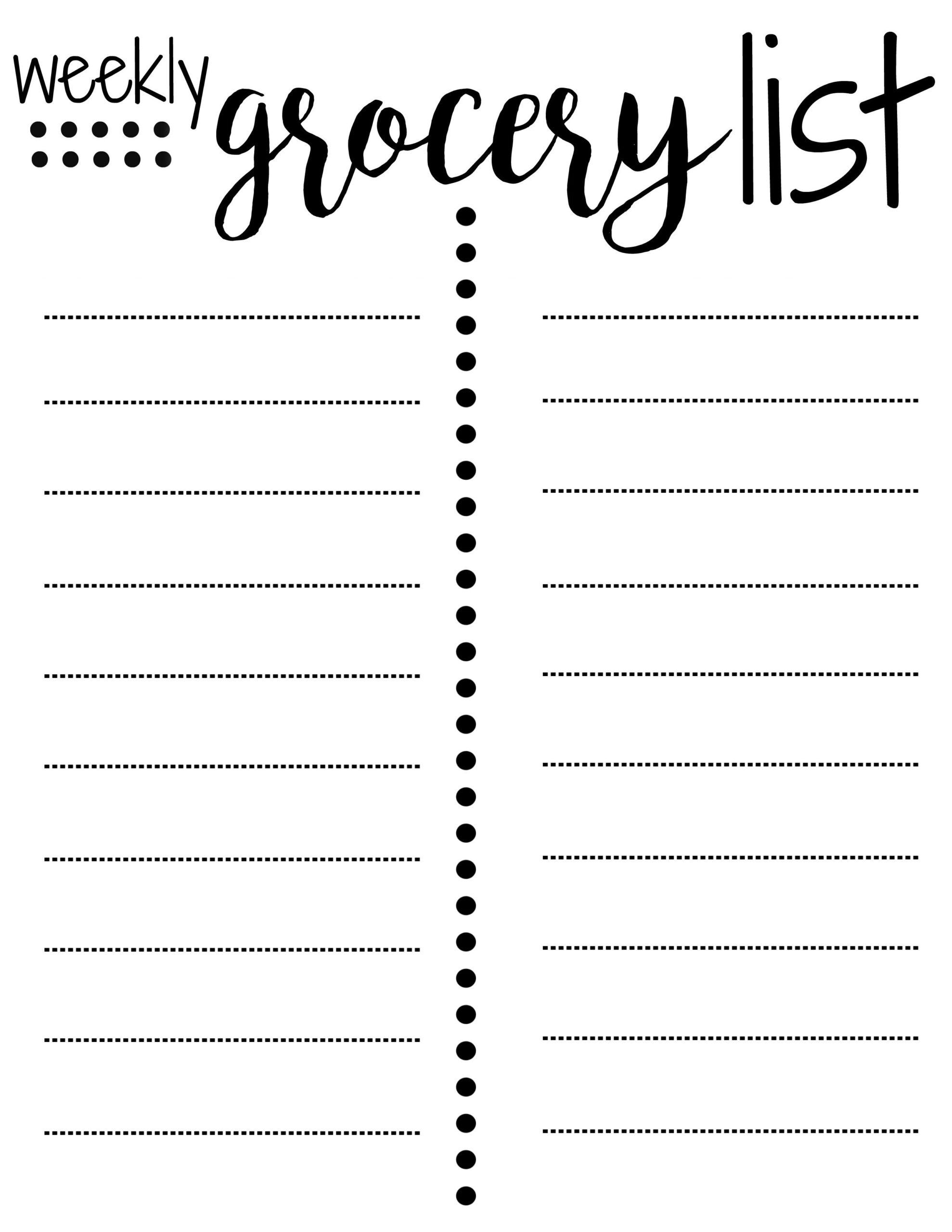 grocery list free printable template