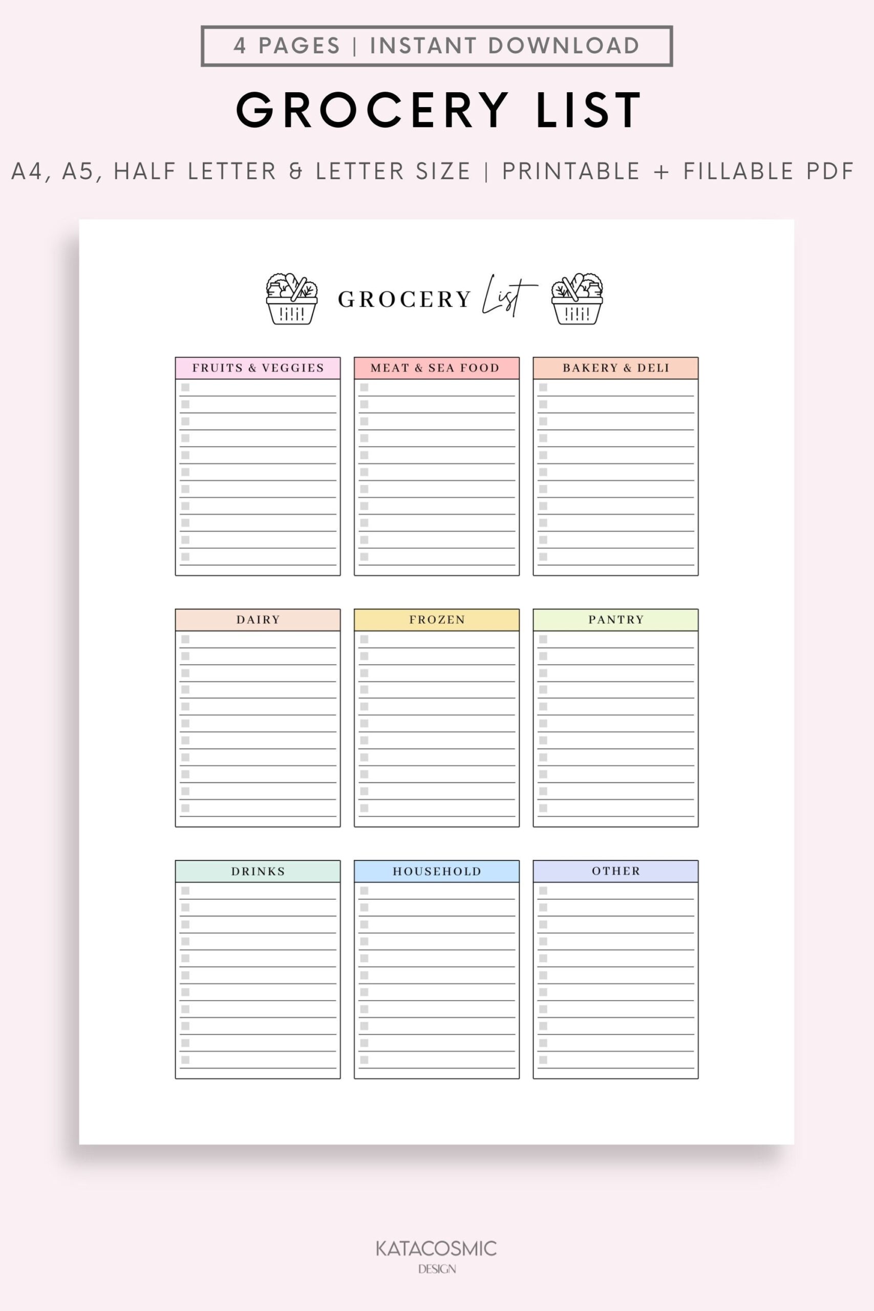 Grocery List Printable Template Grocery Planner Food Shopping List A4 a5 letter half Size Instant Download PDF Etsy