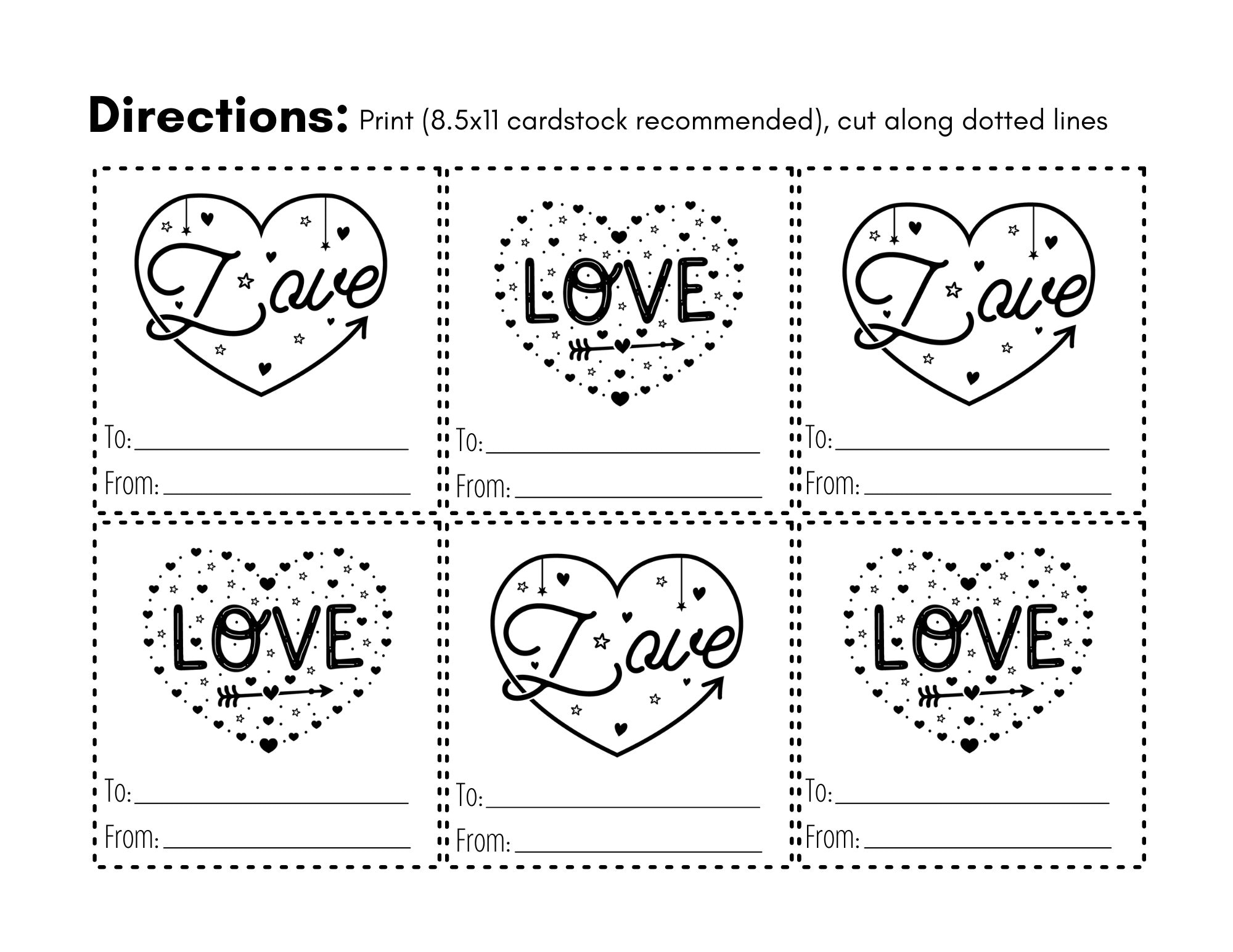 Heart Valentine Printable Cards Black And White Etsy