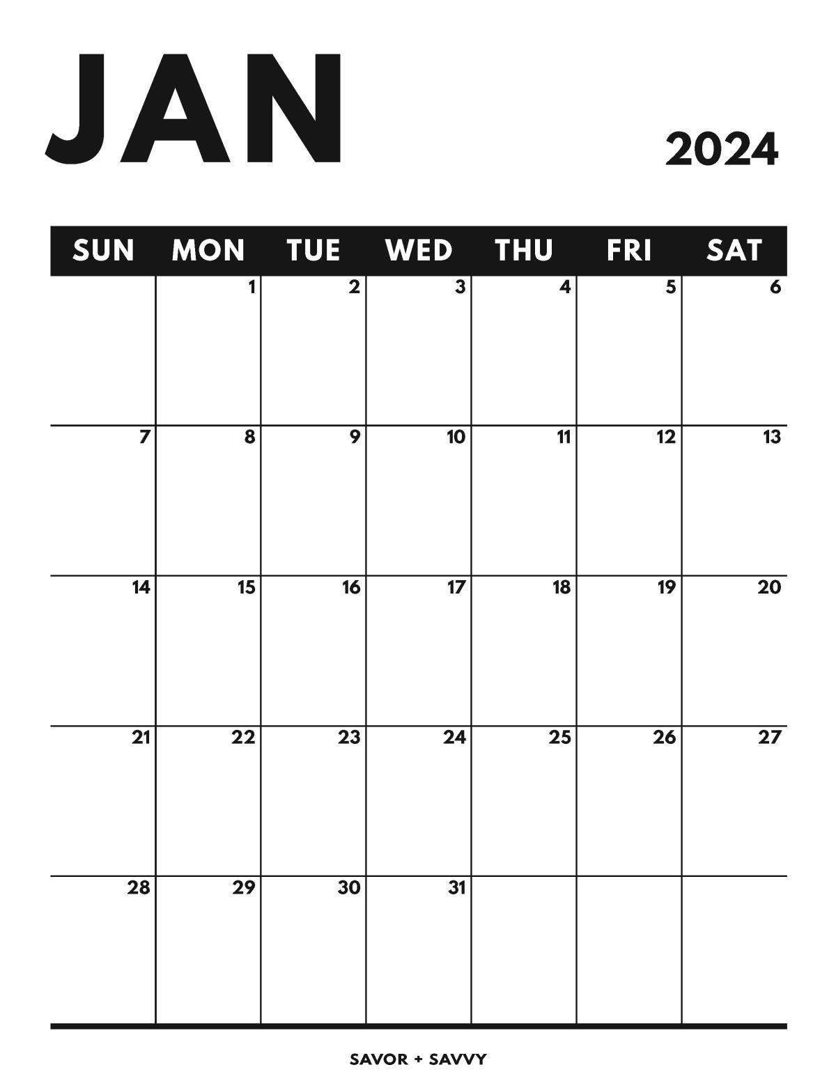 January 2024 Calendar Templates 14 Free Printables Savor Savvy January 2024 Calendar Templates 14 Free Printables Savor Savvy